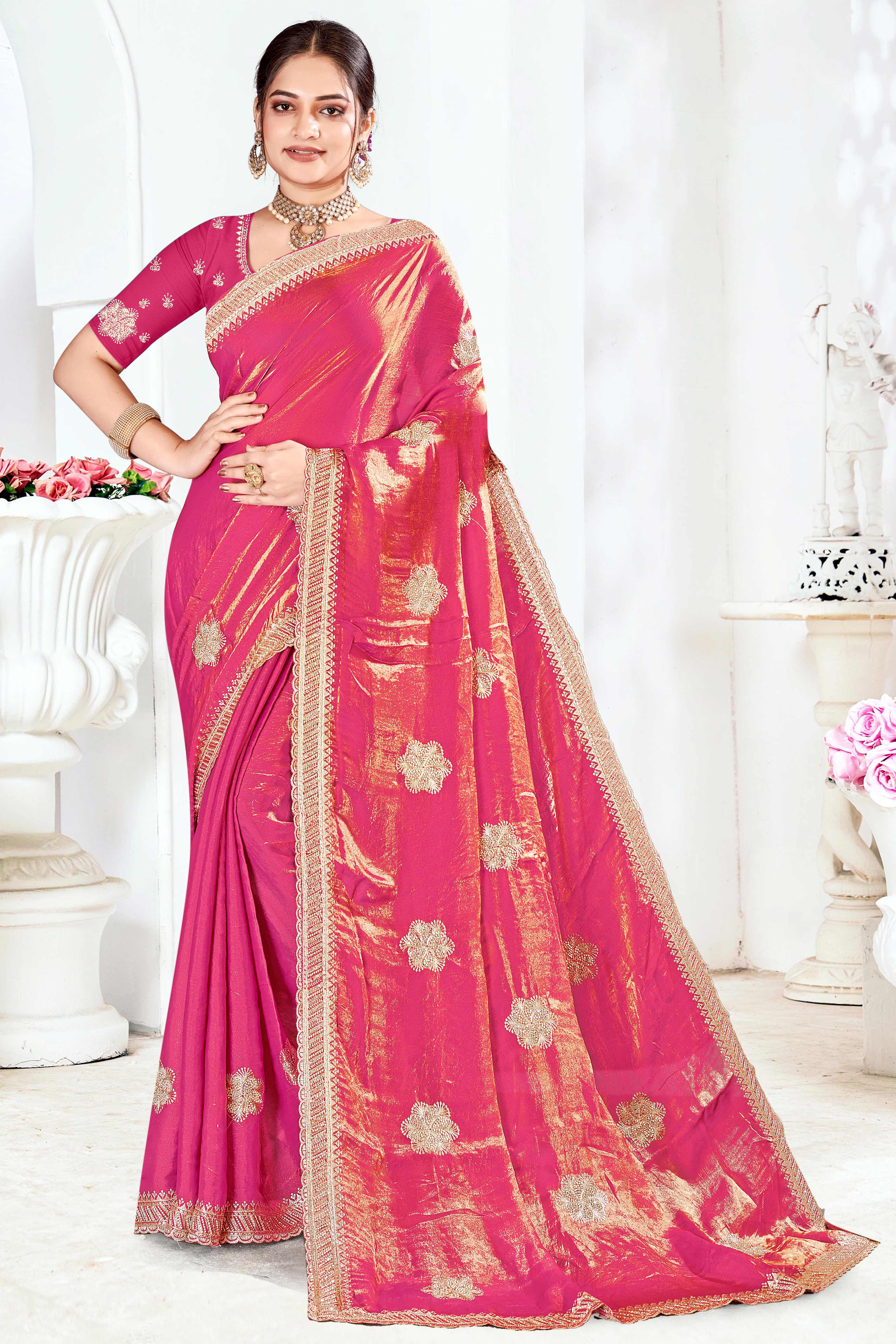 Designer Pink Floral Zari Embroidery Organza Satin Silk Saree Featuring Diamond Work