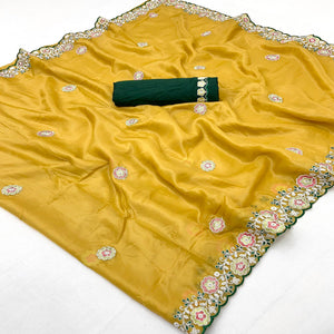 Lemon Yellow Organza Saree Adorned with Intricate Floral Embroidery
