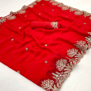 Red Floral Embroidered Crepe Saree with Subtle Sequin Detailing