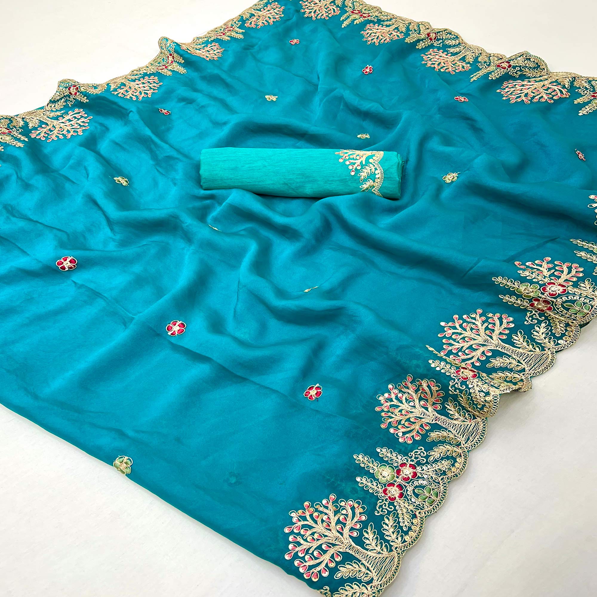 Teal Floral Embroidered Crepe Saree with Subtle Sequin Detailing