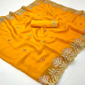 Mustard Yellow Floral Embroidered Crepe Saree with Subtle Sequin Detailing