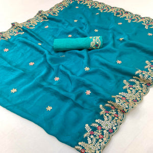 Party Wear Teal Floral Embroidered Crepe Saree with Elegant Sequin Finish