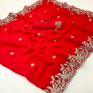 Party Wear Red Floral Embroidered Crepe Saree with Elegant Sequin Finish