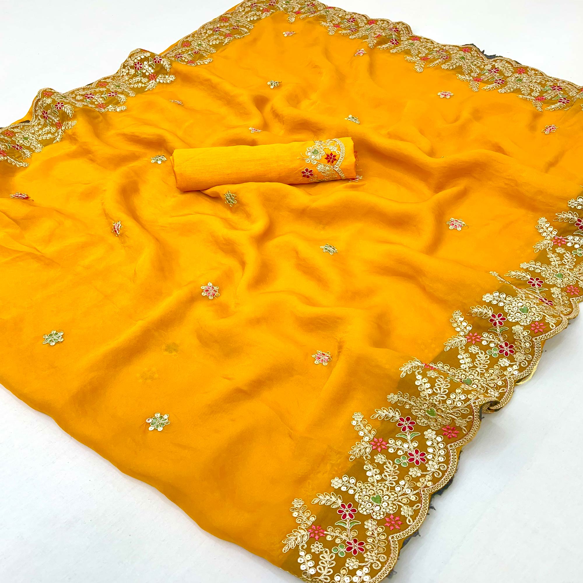 Party Wear Mustard Yellow Floral Embroidered Crepe Saree with Elegant Sequin Finish