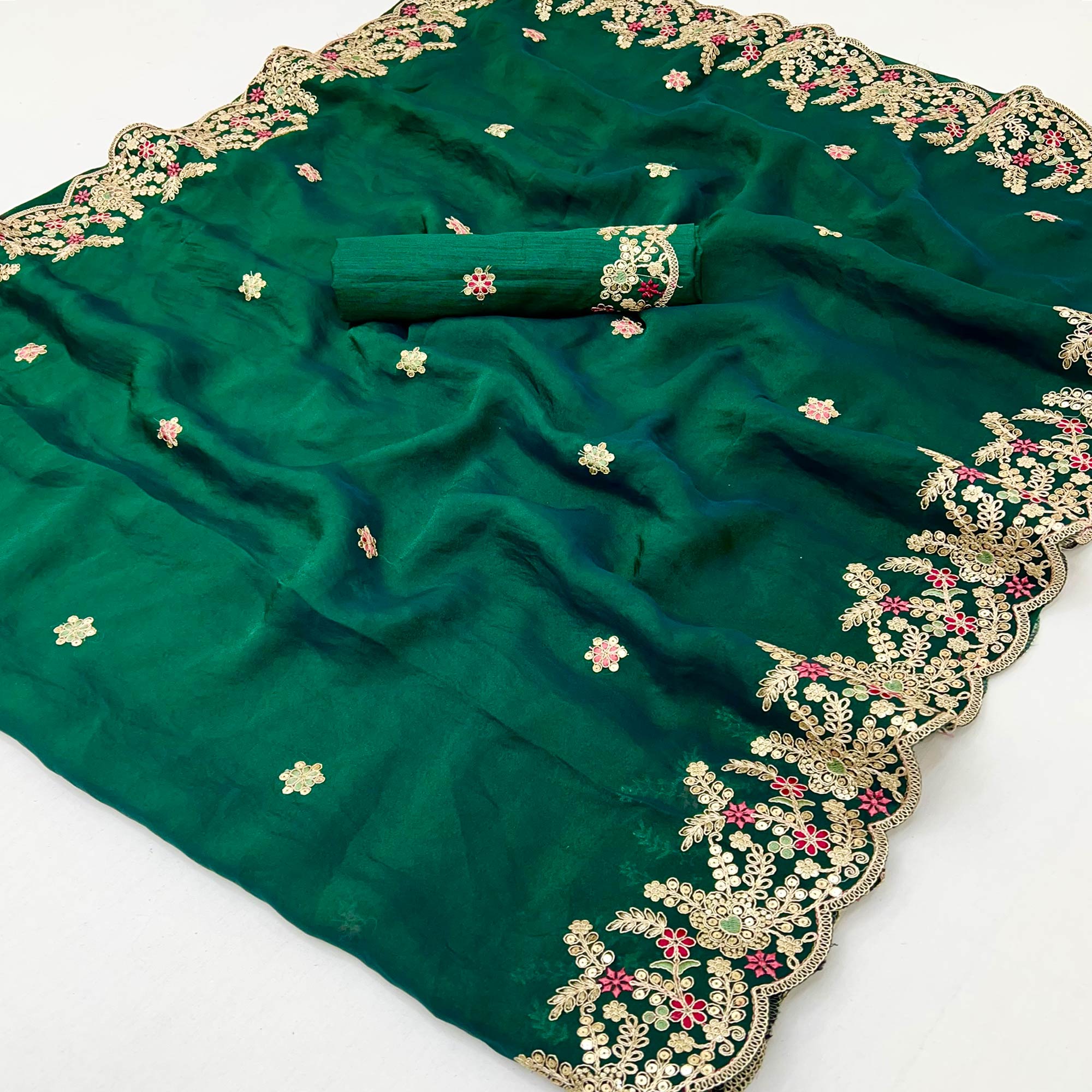 Party Wear Green Floral Embroidered Crepe Saree with Elegant Sequin Finish