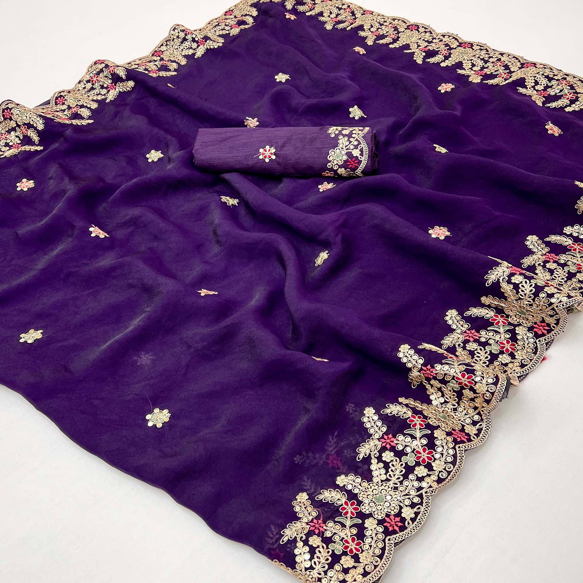 Party Wear Purple Floral Embroidered Crepe Saree with Elegant Sequin Finish