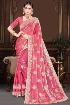 Stylish Pink Floral Embroidered Organza Satin Silk Saree With Diamond Work Finish