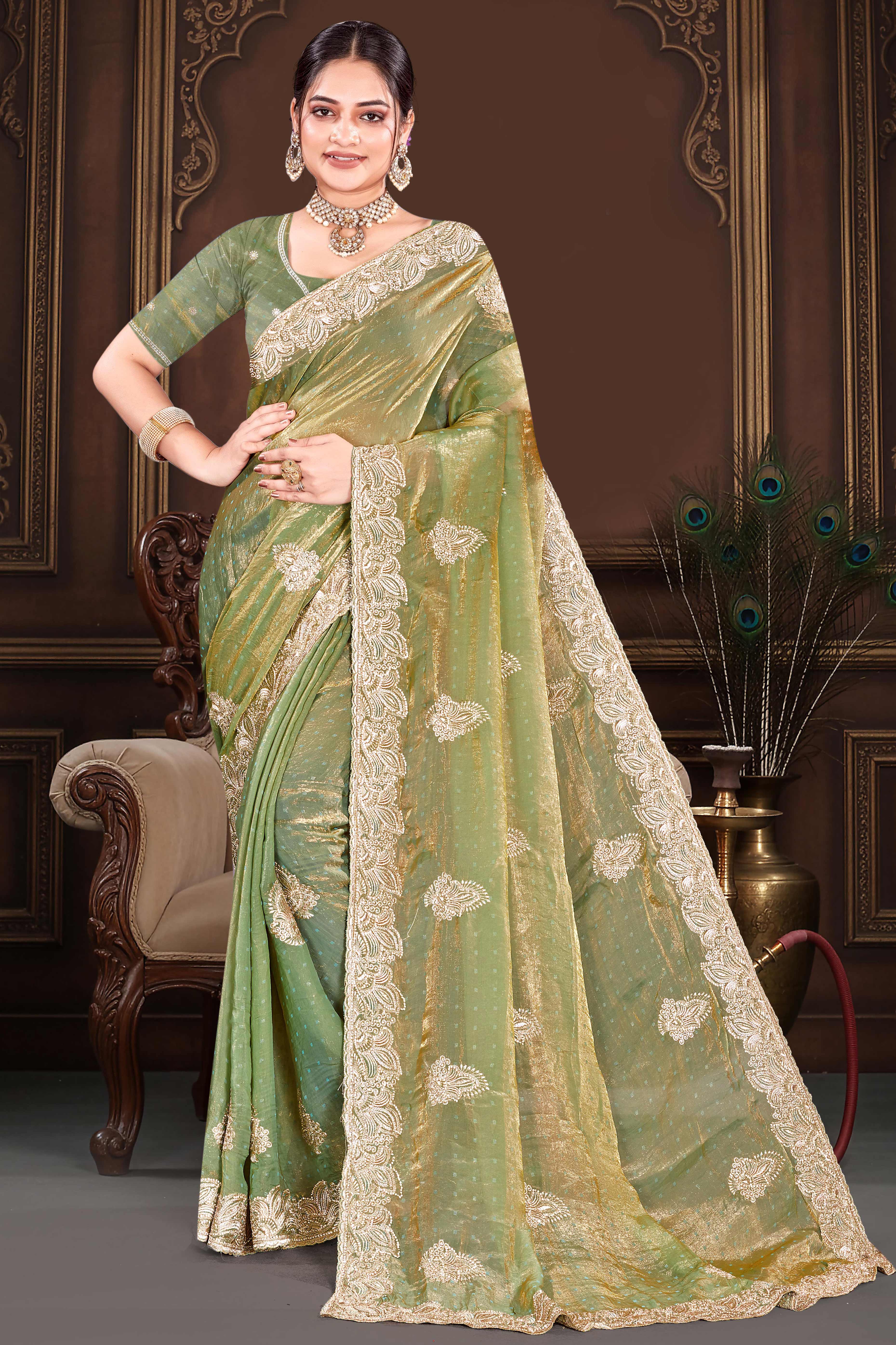 Stylish Green Floral Embroidered Organza Satin Silk Saree With Diamond Work Finish