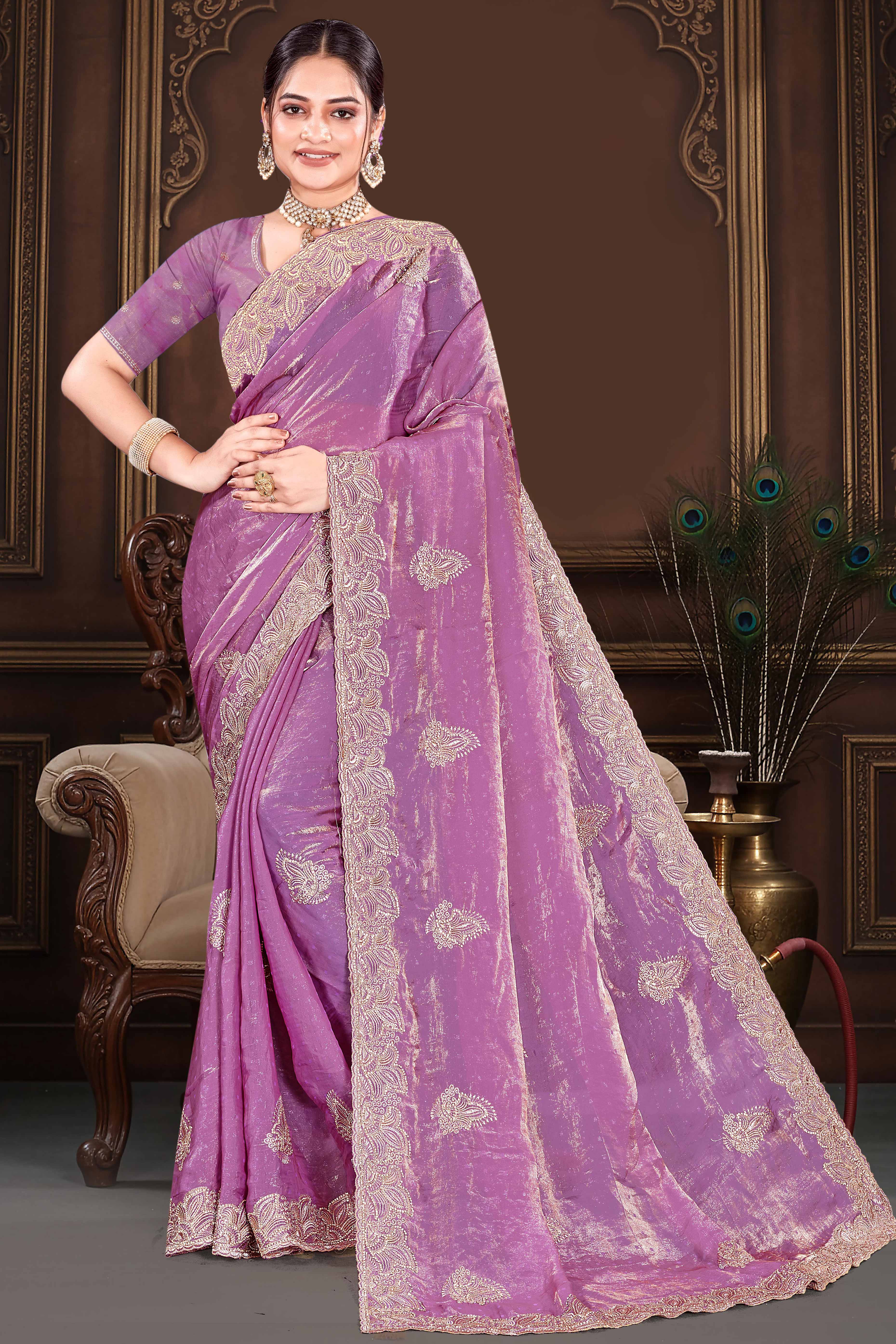 Stylish Purple Floral Embroidered Organza Satin Silk Saree With Diamond Work Finish