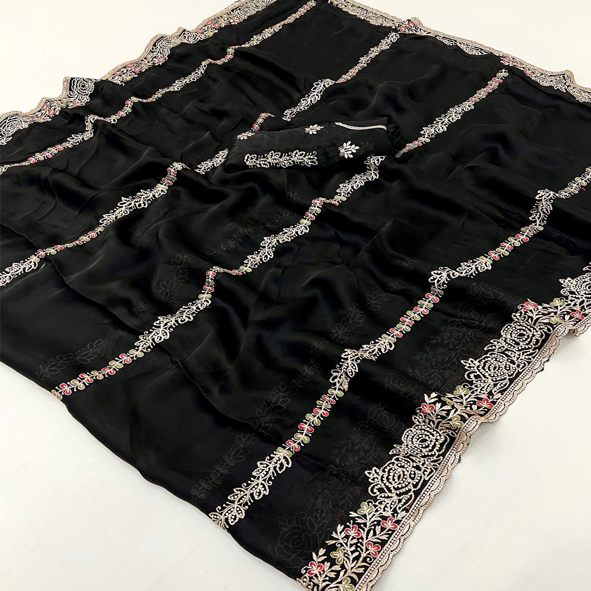 Black Satin Chiffon Saree Adorned with Intricate Floral Embroidery