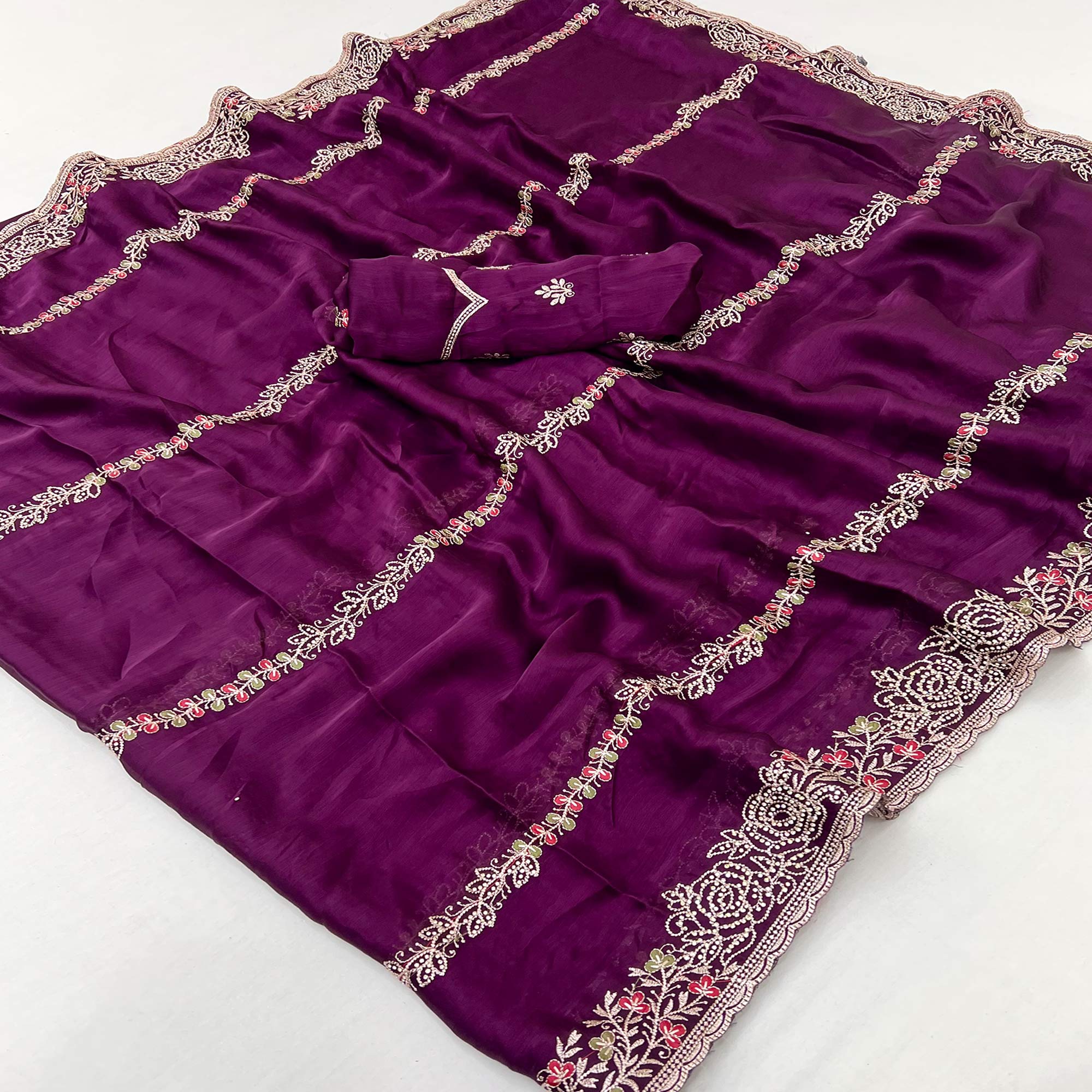 Purple Satin Chiffon Saree Adorned with Intricate Floral Embroidery