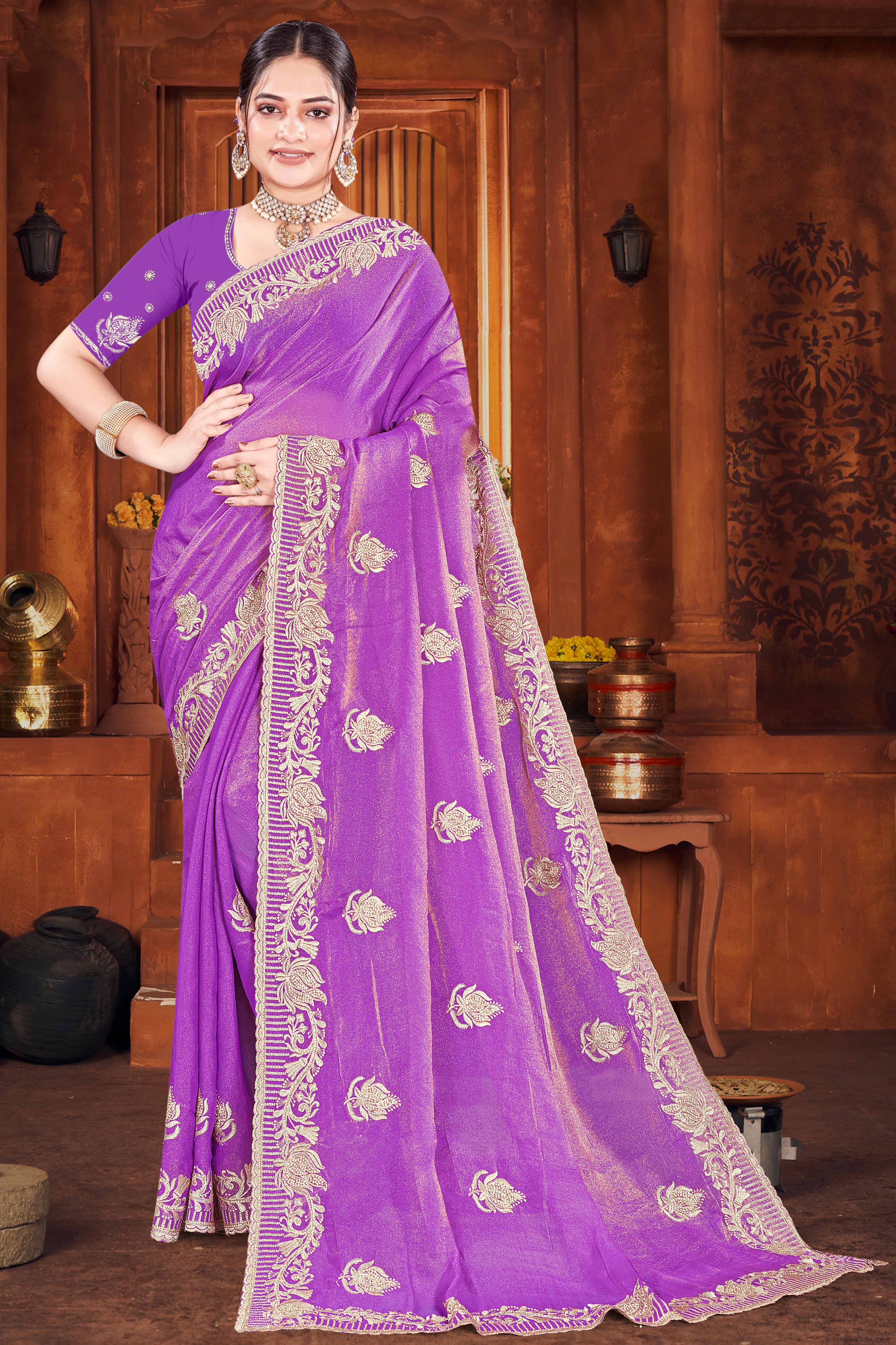 Exclusive Purple Floral Zari Embroidered Organza Satin Silk Saree With Diamond Detailing