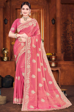 Exclusive Gajari Pink Floral Zari Embroidered Organza Satin Silk Saree With Diamond Detailing