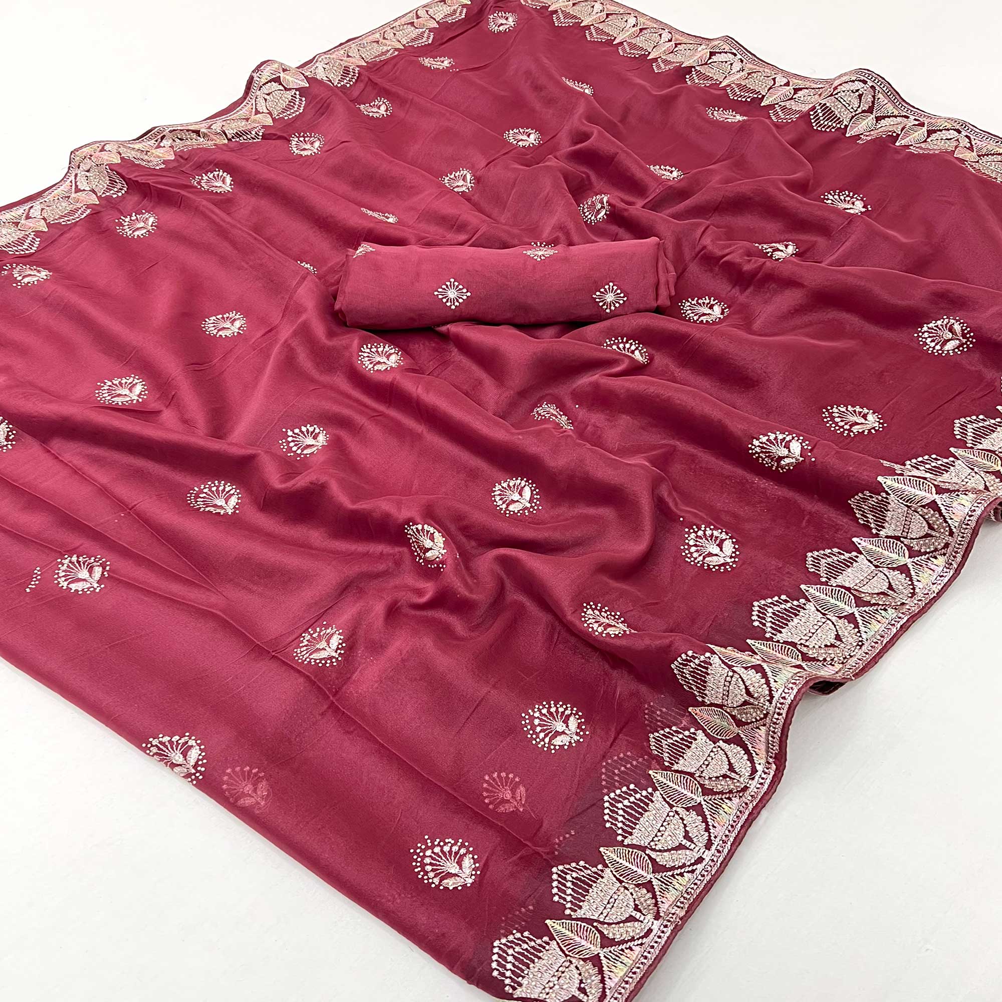 Red Star Georgette Saree with Intricate Floral Embroidery Work
