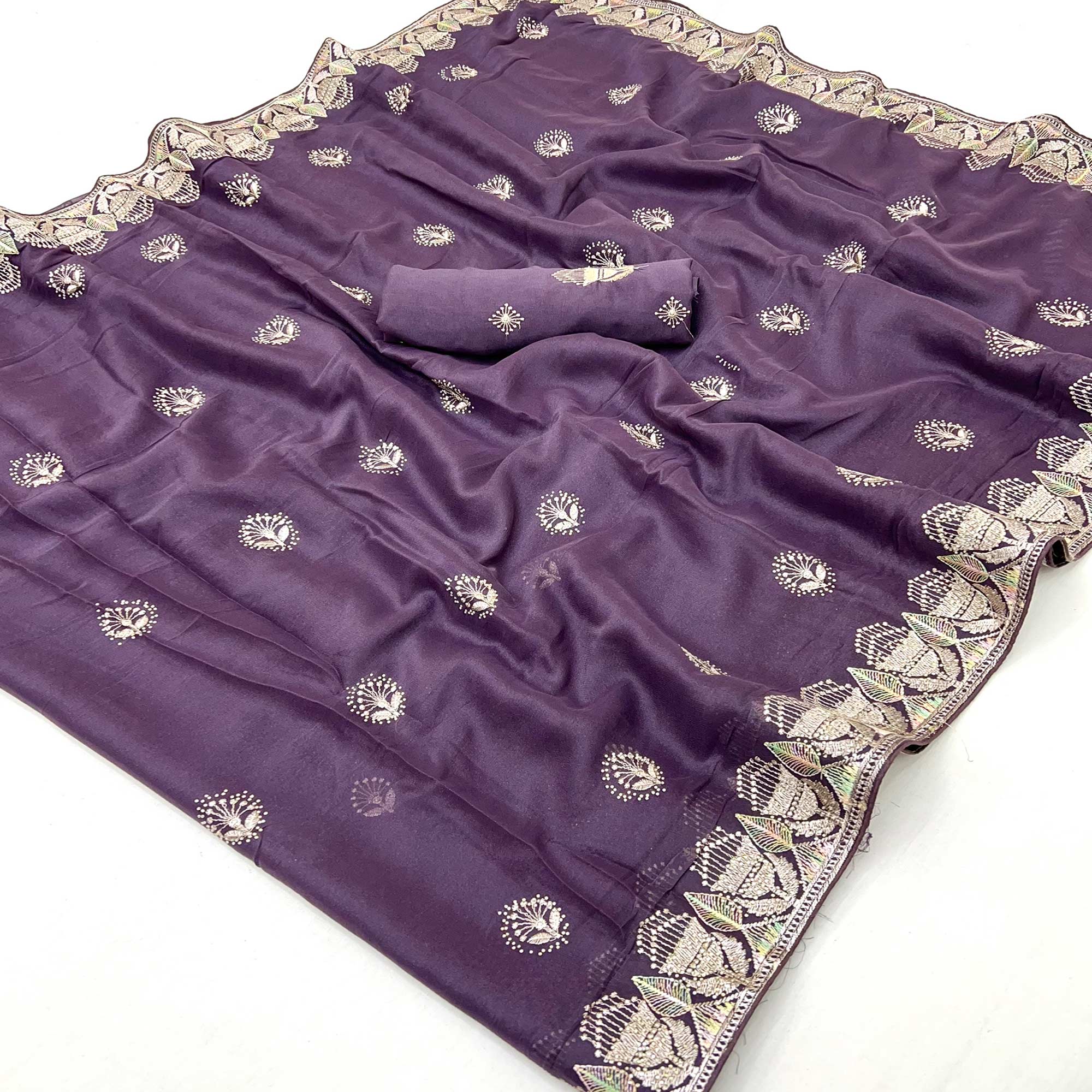 Purple Star Georgette Saree with Intricate Floral Embroidery Work