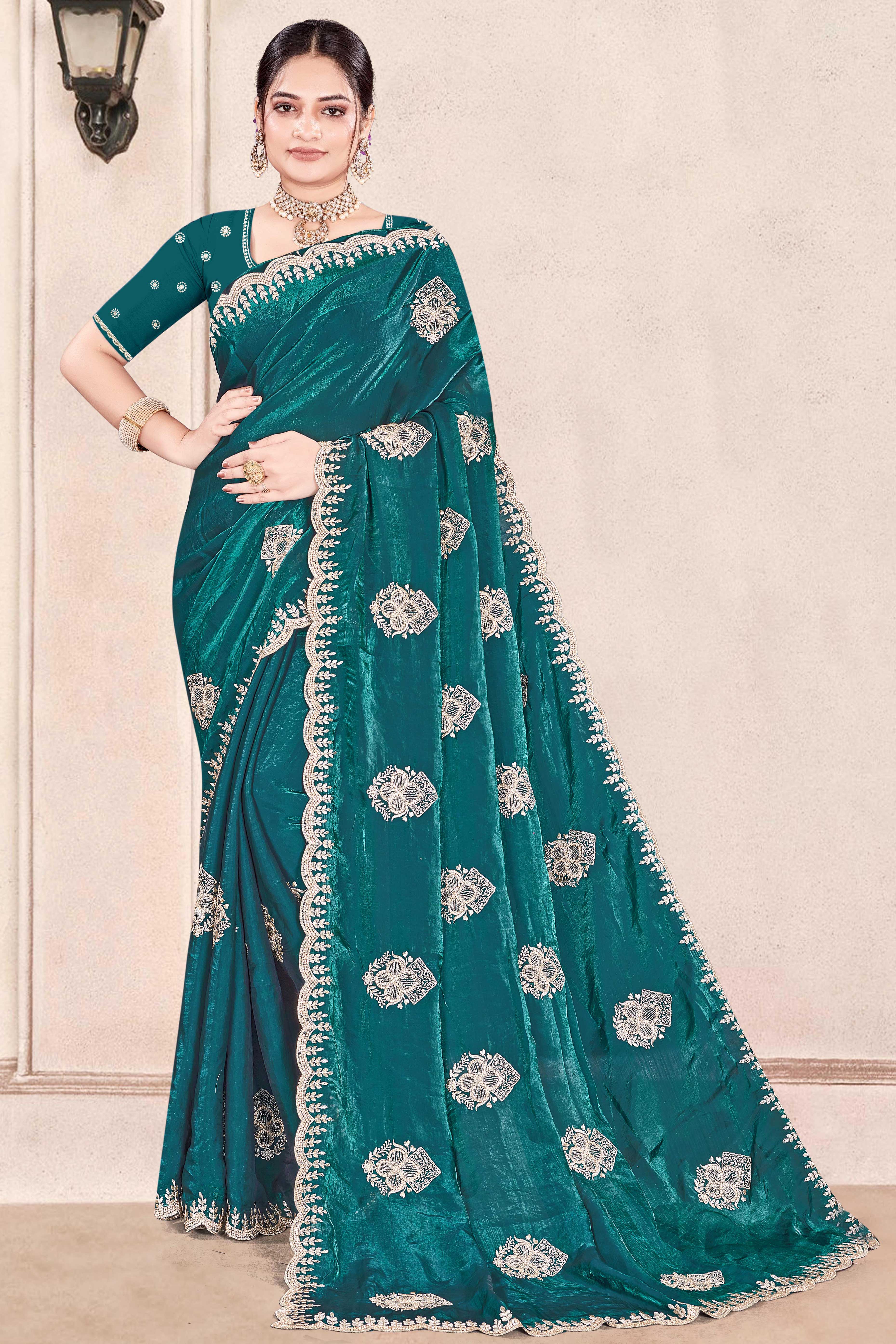 Luxury Teal Floral Zari Embroidery With Sparkling Diamond Work Organza Satin Silk Saree
