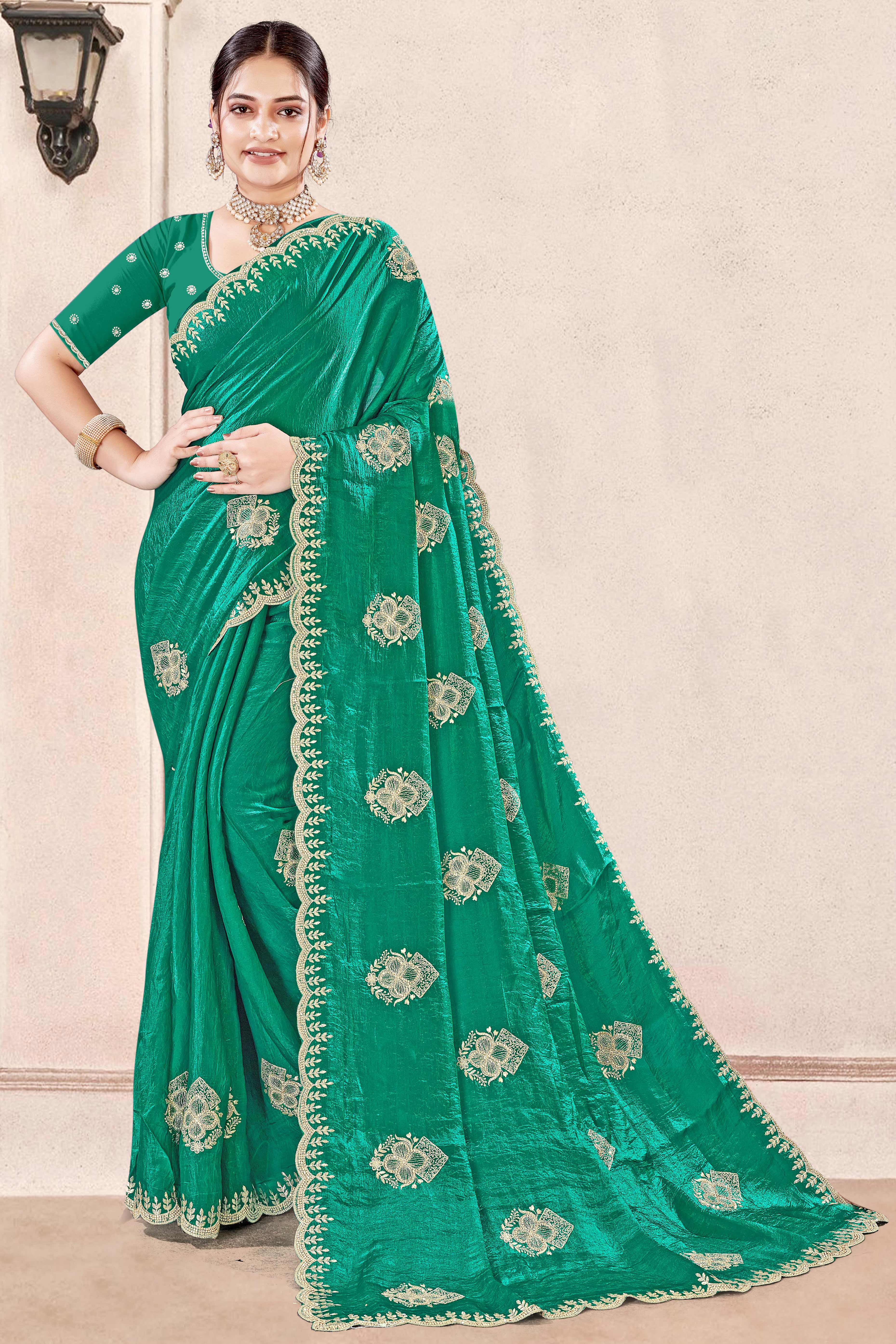 Luxury Green Floral Zari Embroidery With Sparkling Diamond Work Organza Satin Silk Saree