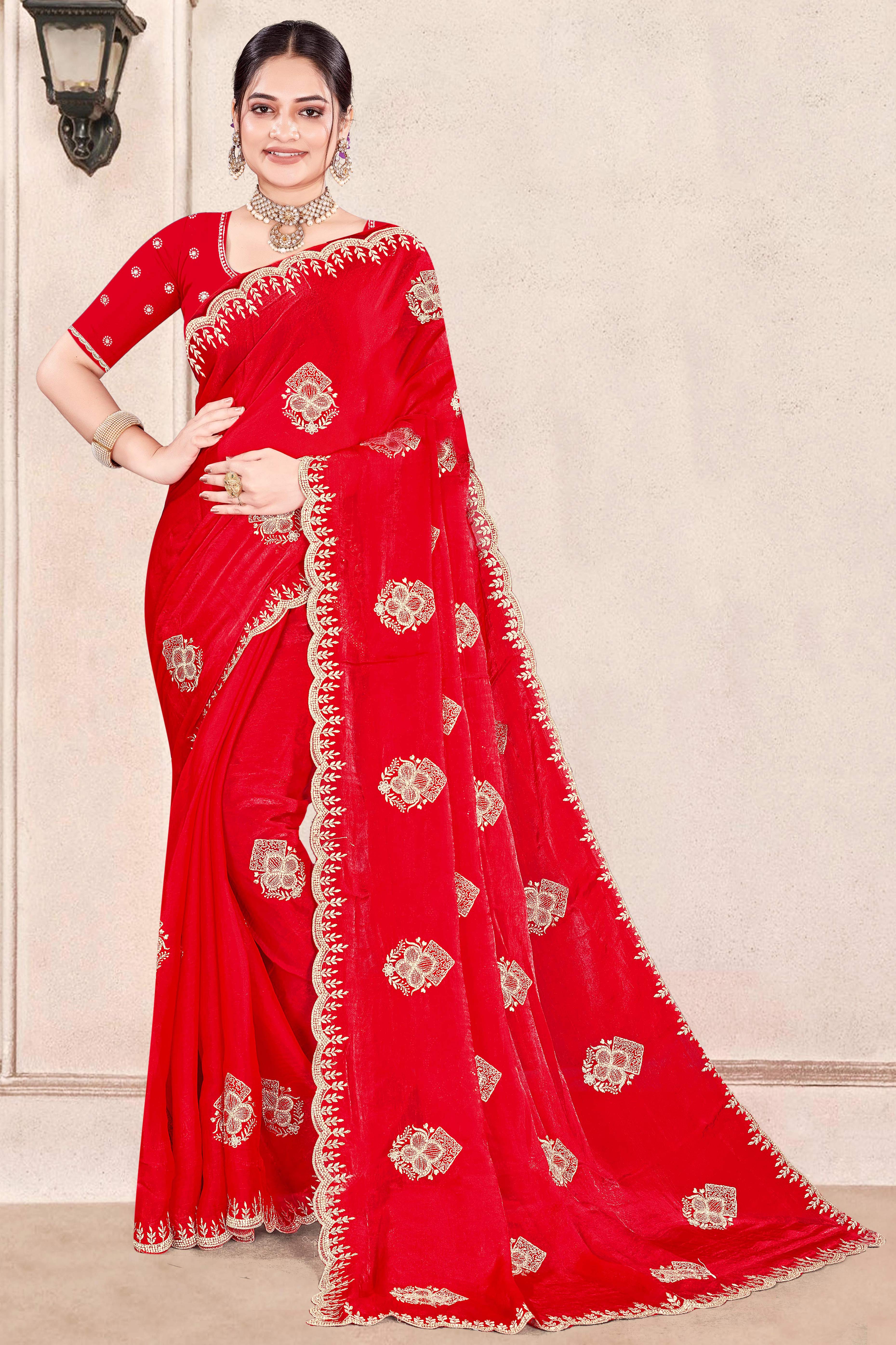 Luxury Red Floral Zari Embroidery With Sparkling Diamond Work Organza Satin Silk Saree