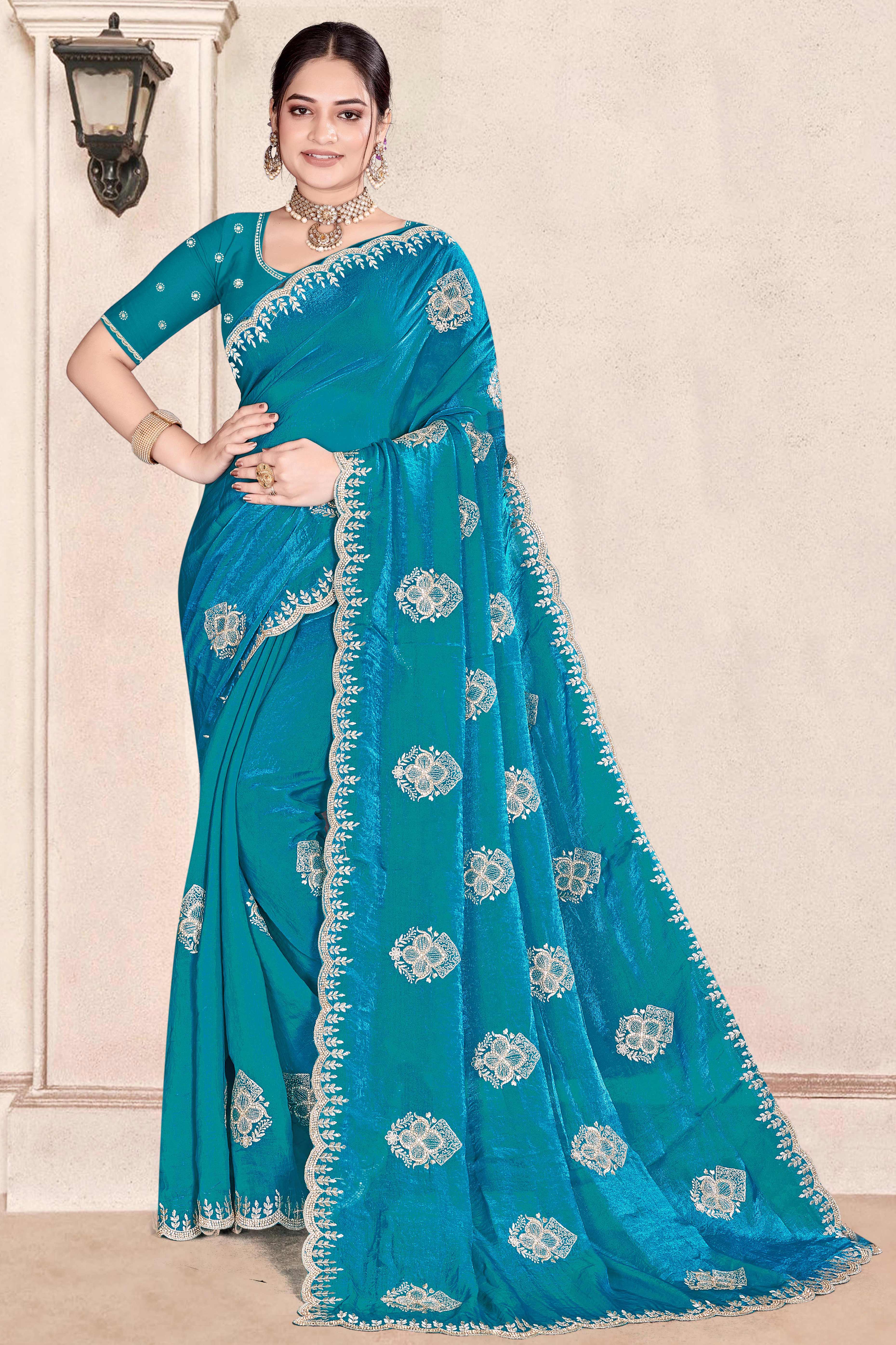 Luxury Blue Floral Zari Embroidery With Sparkling Diamond Work Organza Satin Silk Saree