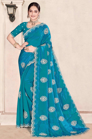 Luxury Blue Floral Zari Embroidery With Sparkling Diamond Work Organza Satin Silk Saree