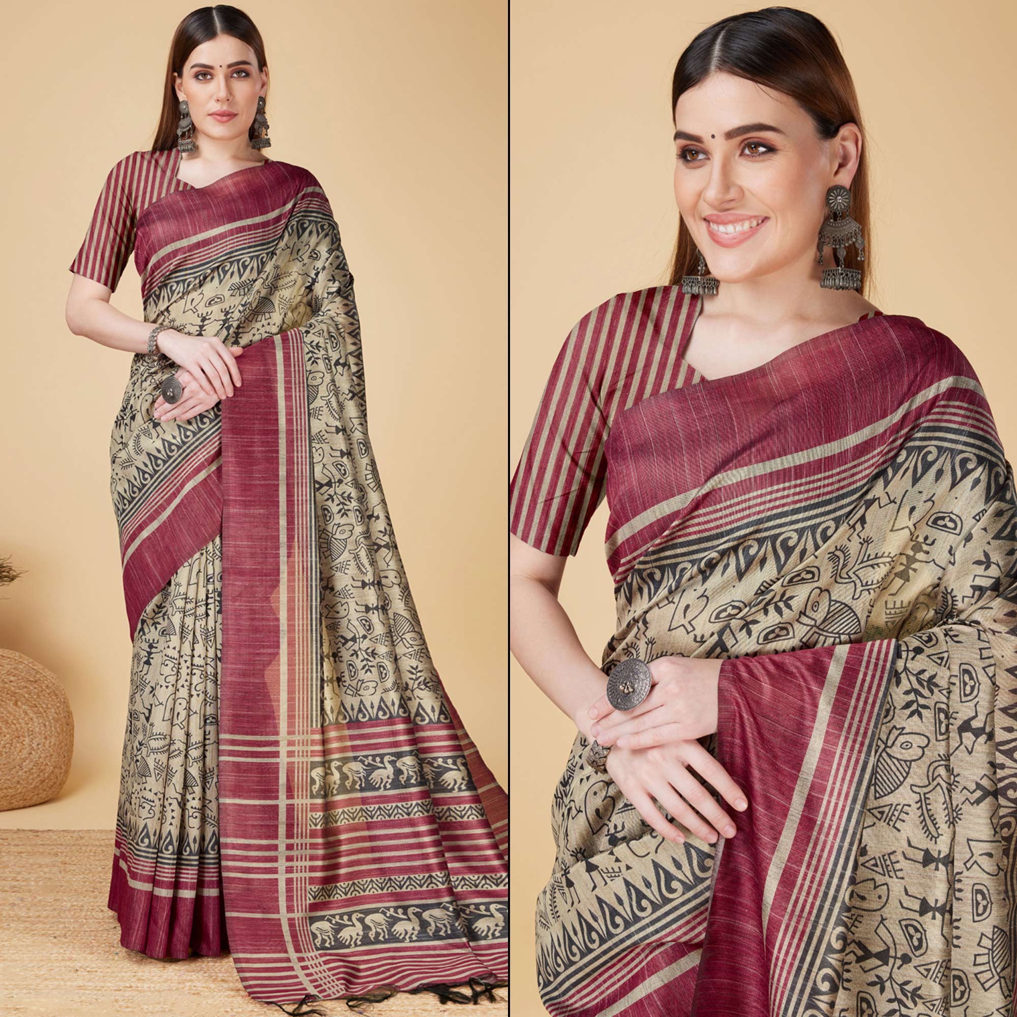 Chikoo & Maroon Printed Bhagalpuri Silk Saree With Tassels