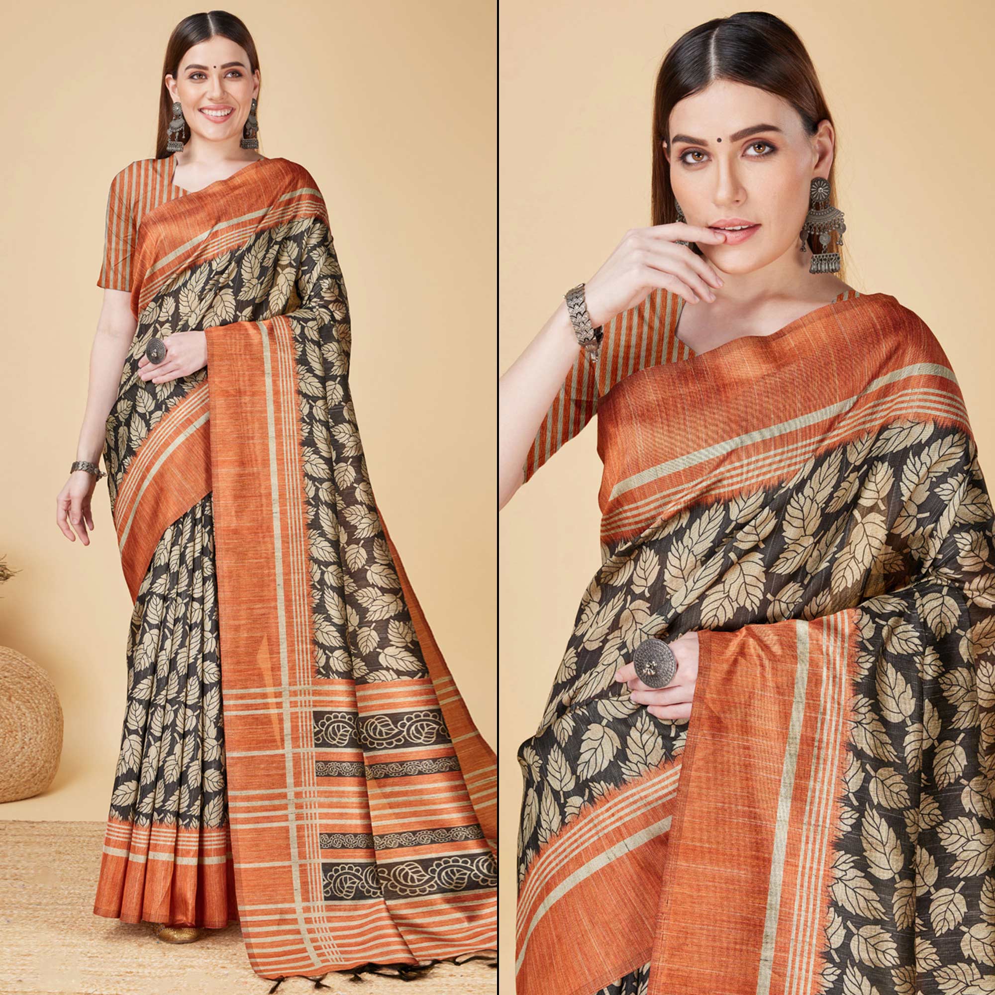 Black & Rust Printed Bhagalpuri Silk Saree With Tassels