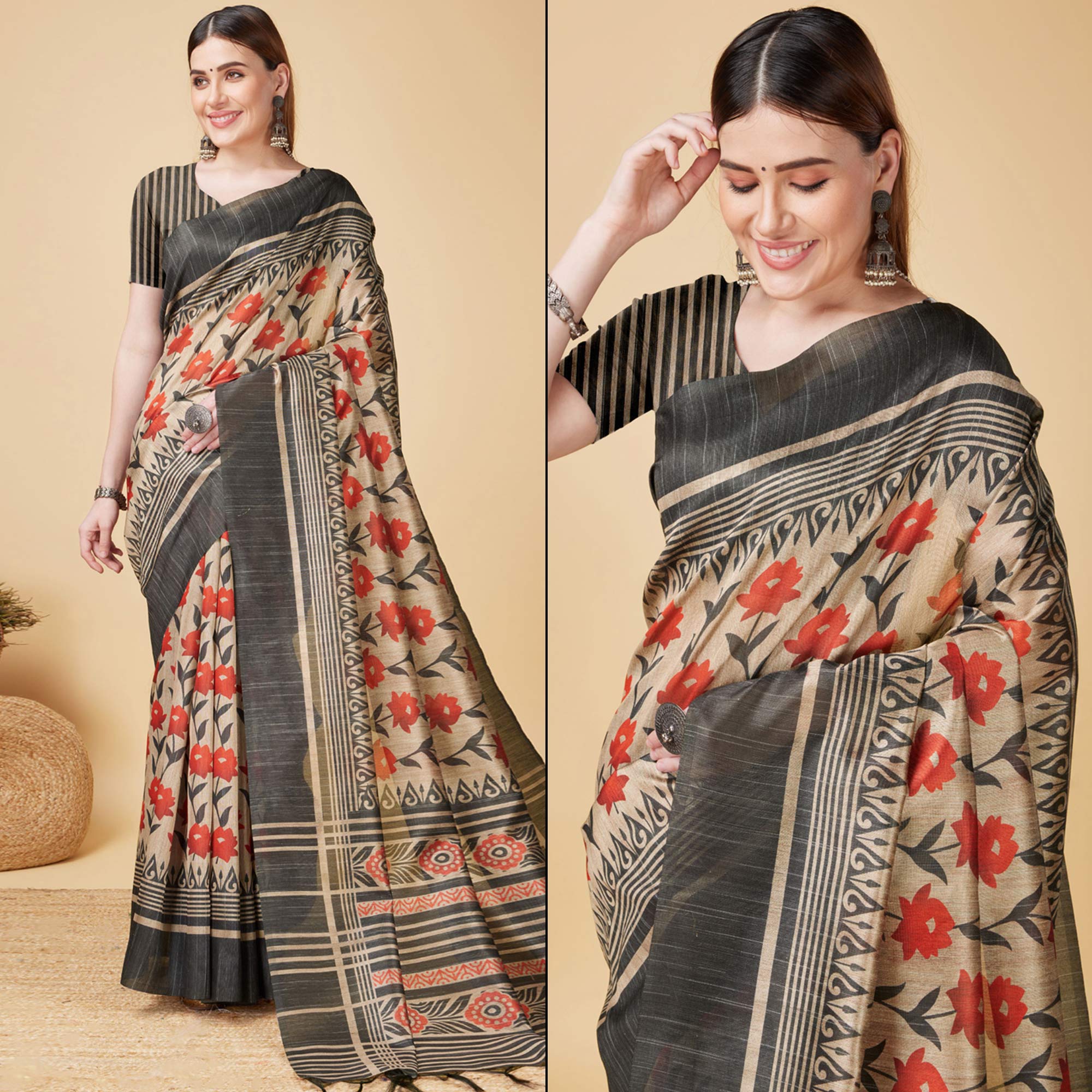 Beige & Black Floral Bhagalpuri Silk Saree With Tassels