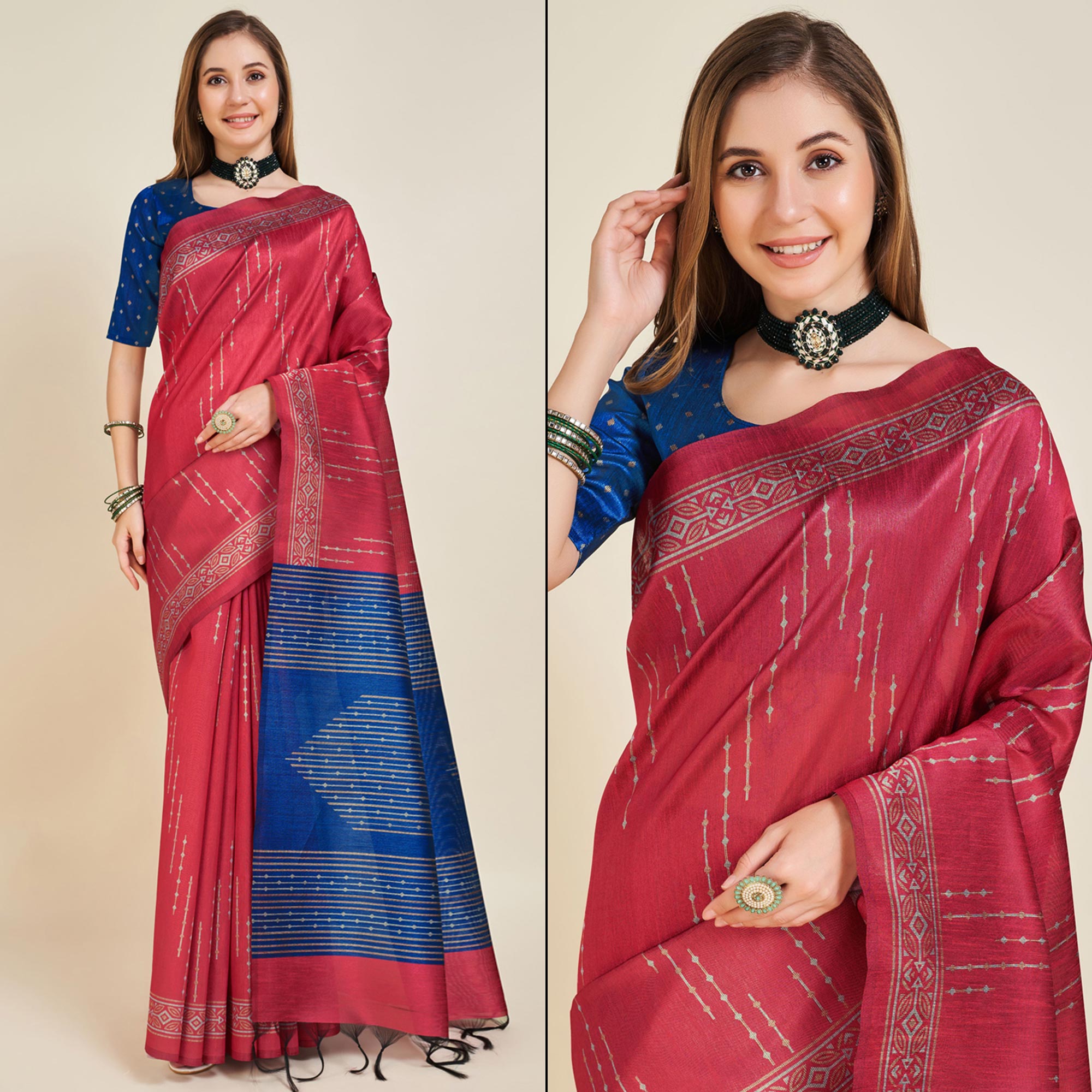 Red Digital Printed Bhagalpuri Silk Saree With Tassels