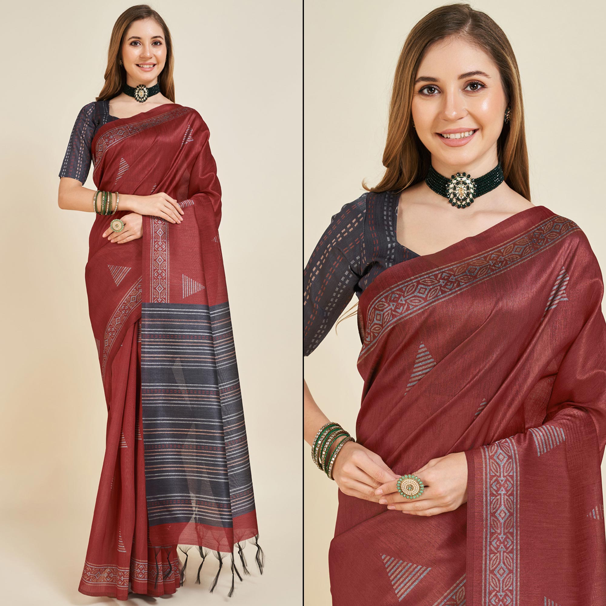 Maroon Digital Printed Bhagalpuri Silk Saree With Tassels