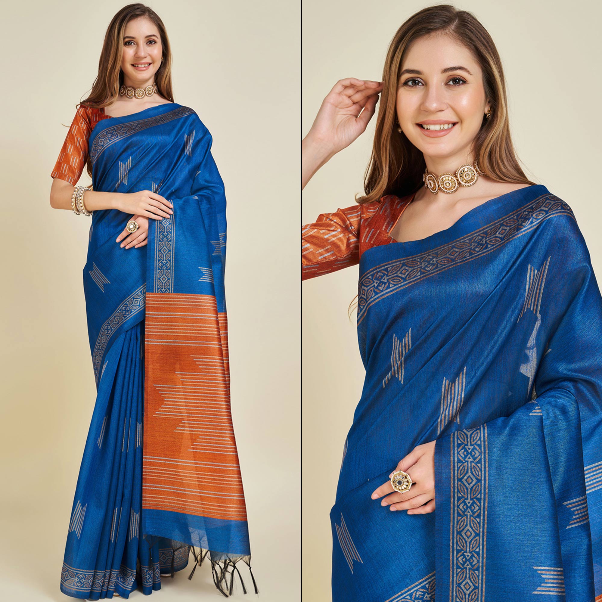Blue Digital Printed Bhagalpuri Silk Saree With Tassels