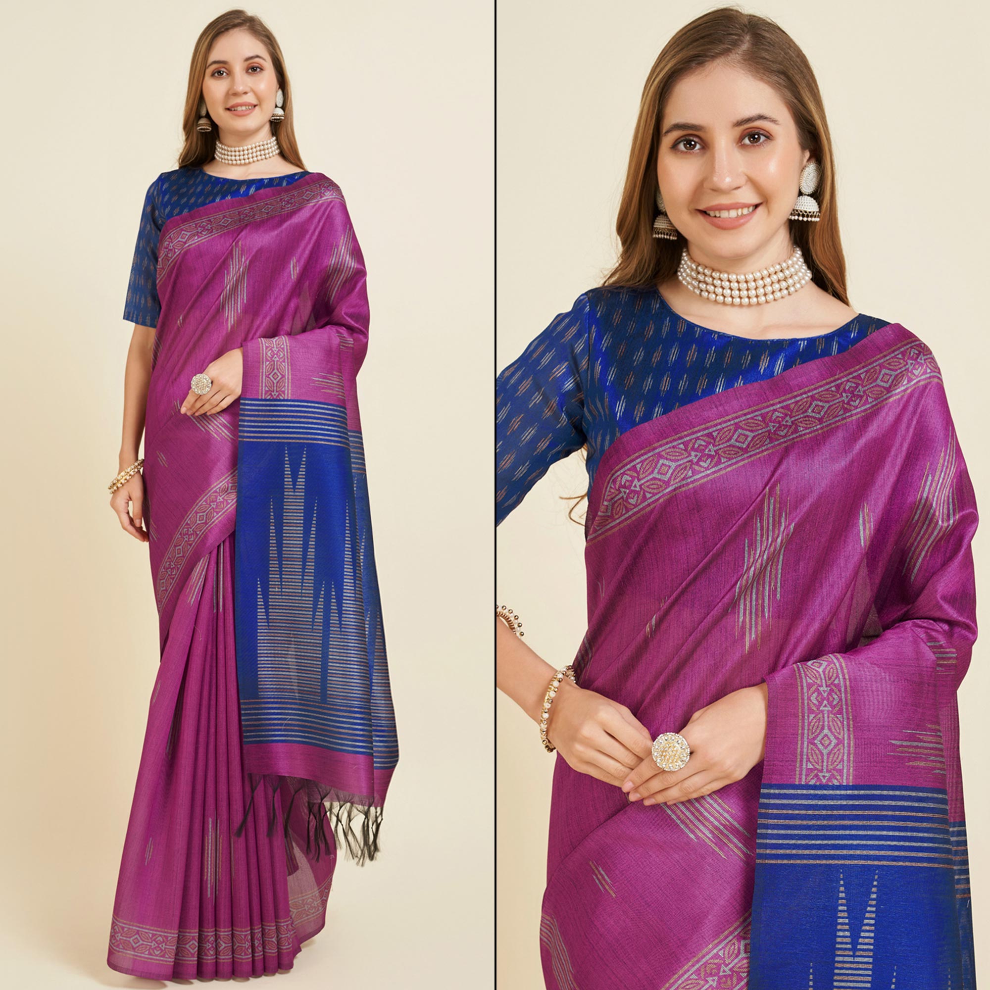 Rani Pink Digital Printed Bhagalpuri Silk Saree With Tassels