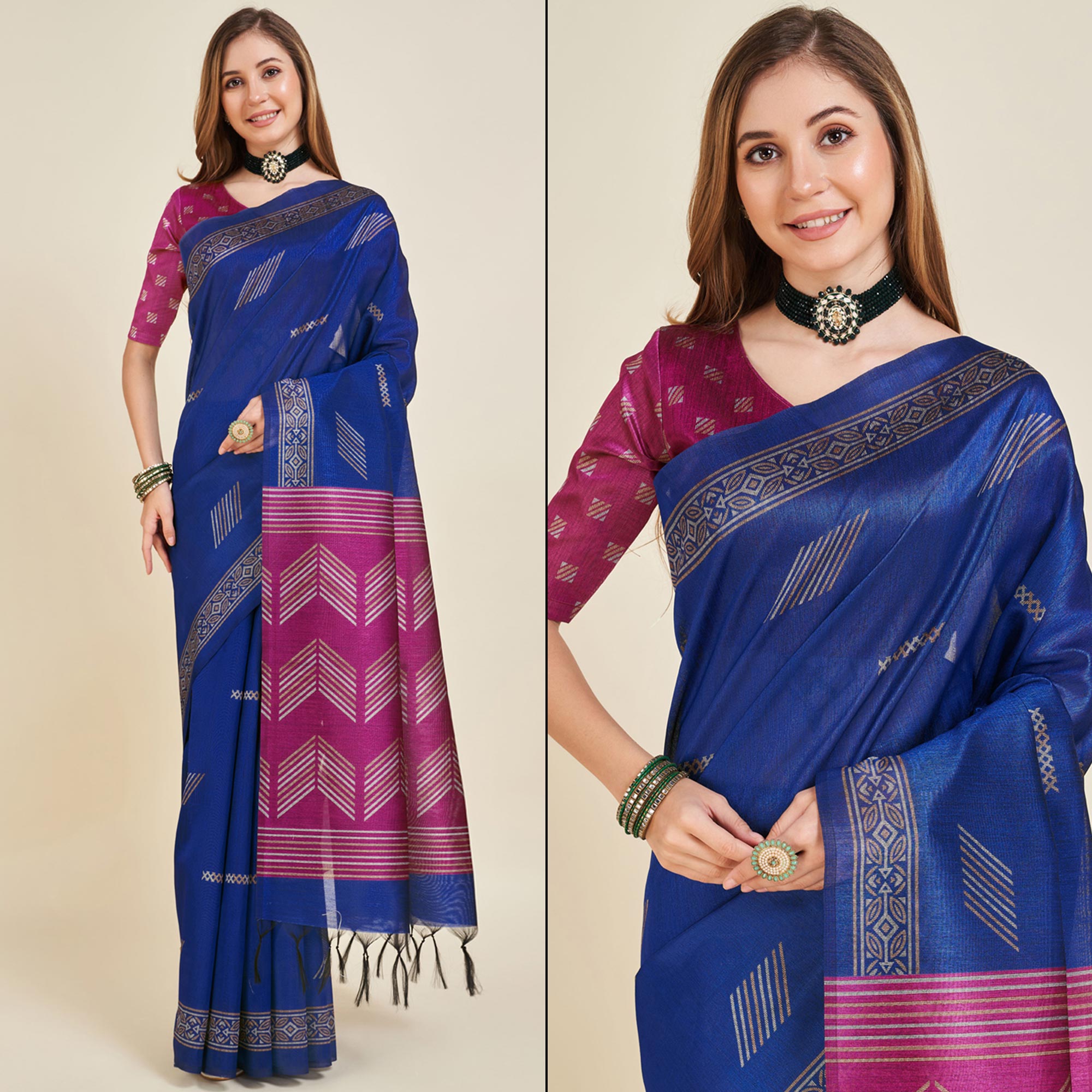 Blue & Rani Pink Digital Printed Bhagalpuri Silk Saree With Tassels