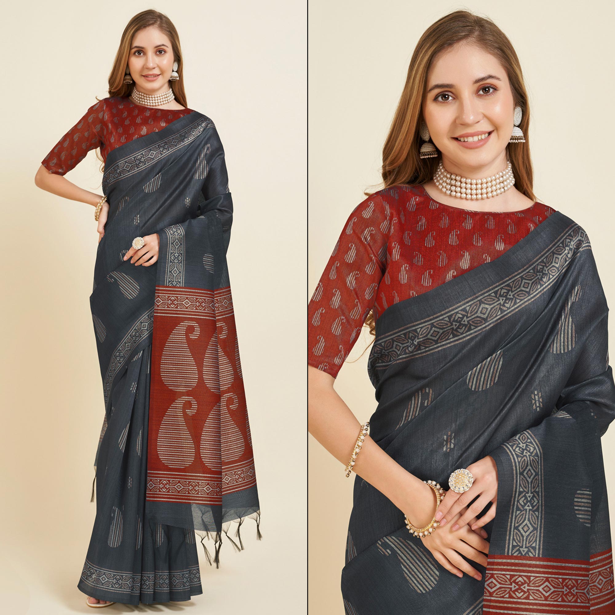 Grey Digital Printed Bhagalpuri Silk Saree With Tassels