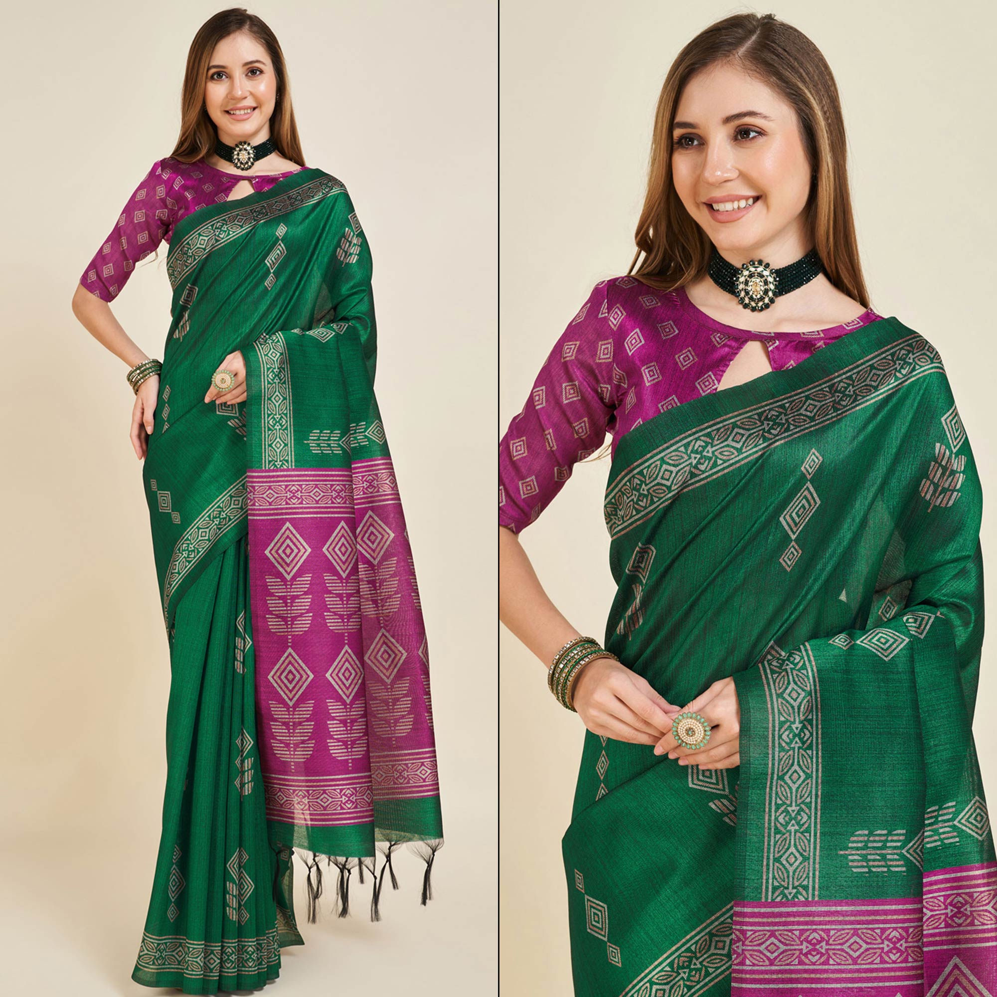 Green Digital Printed Bhagalpuri Silk Saree With Tassels