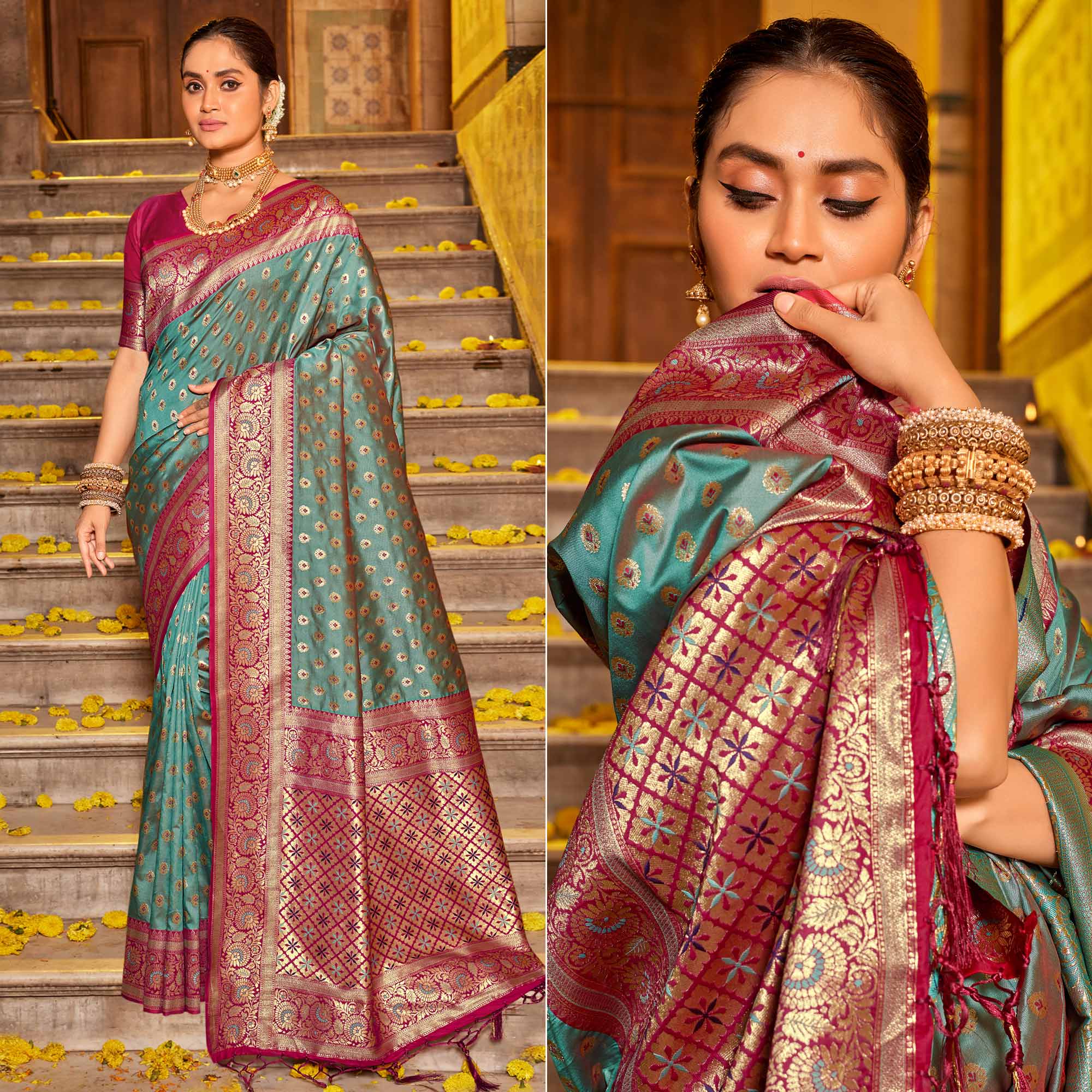 Teal Grey Woven Banarasi Silk Saree With Tassels