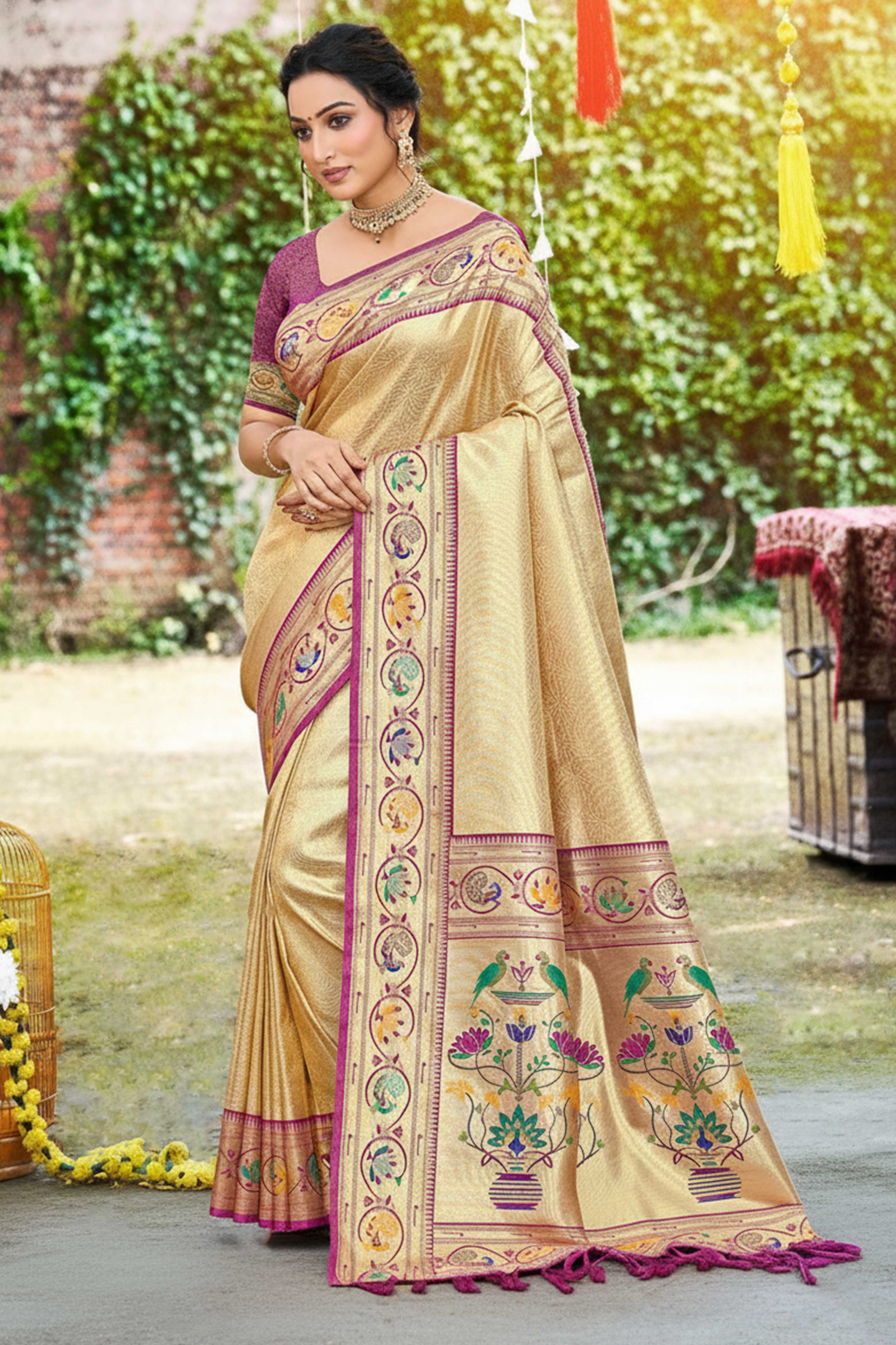 Elegant Cream Weaving Silk Blend Saree With Stunning Peacock Border & Artistic Parrot Motif Pallu