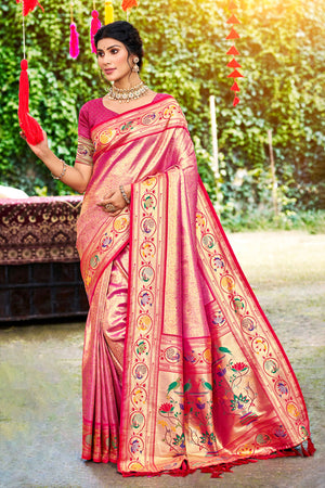 Elegant Rani Pink Weaving Silk Blend Saree With Peacock Border & Artistic Parrot Motif Pallu