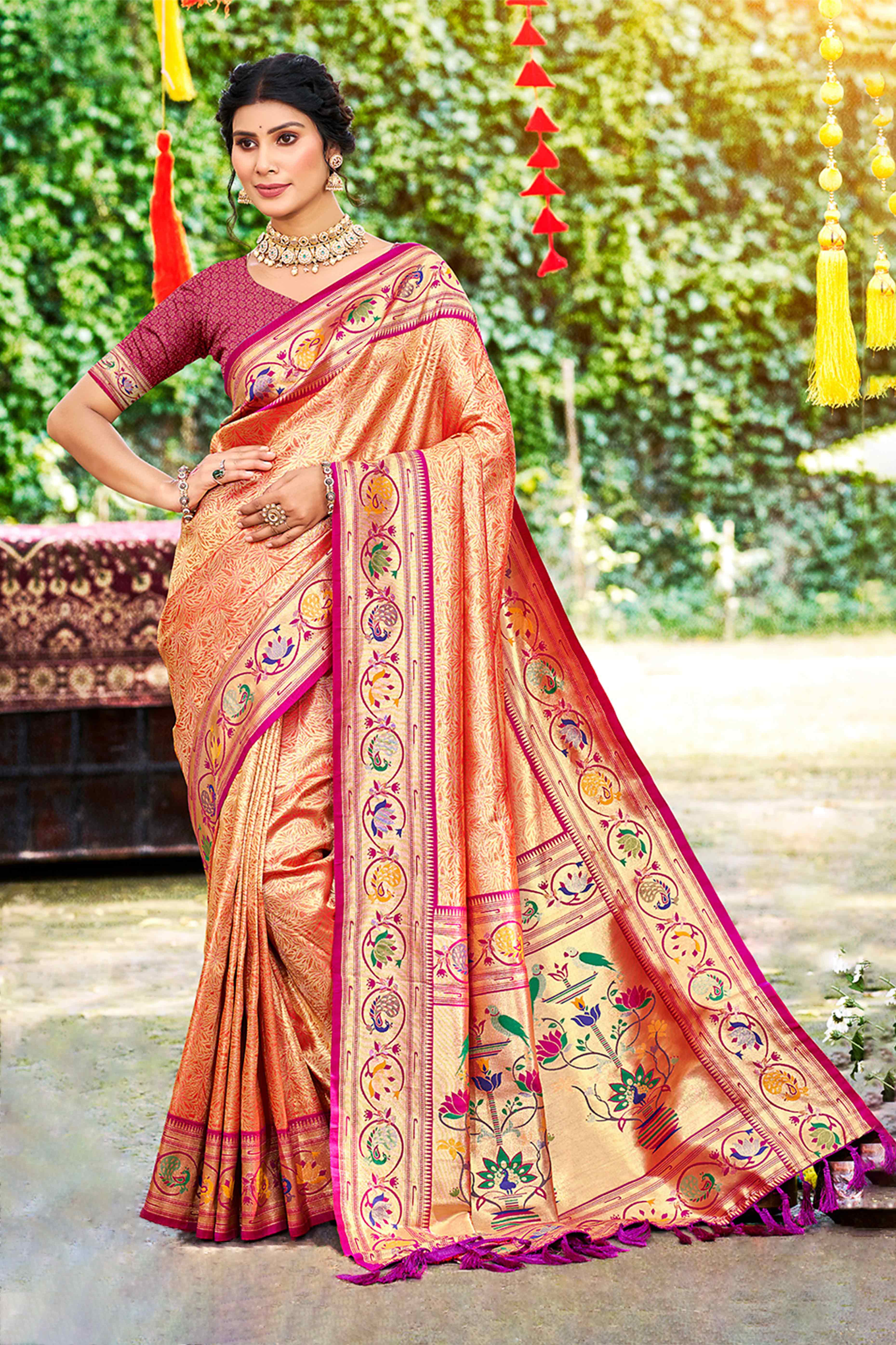 Elegant Orange Weaving Silk Blend Saree With Stunning Peacock Border & Artistic Parrot Motif Pallu