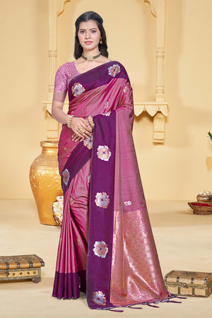 Charming Pink & Purple Floral Zari Weaving Silk Blend Saree Enhanced With Stylish Tassel Pallu