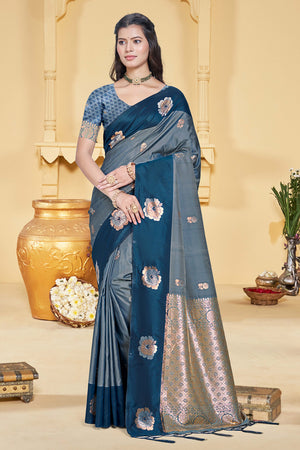 Charming Morpich Blue Floral Zari Weaving Silk Blend Saree Enhanced With Stylish Tassel Pallu