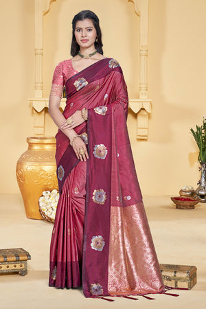 Charming Light Maroon Floral Zari Weaving Silk Blend Saree Enhanced With Stylish Tassel Pallu