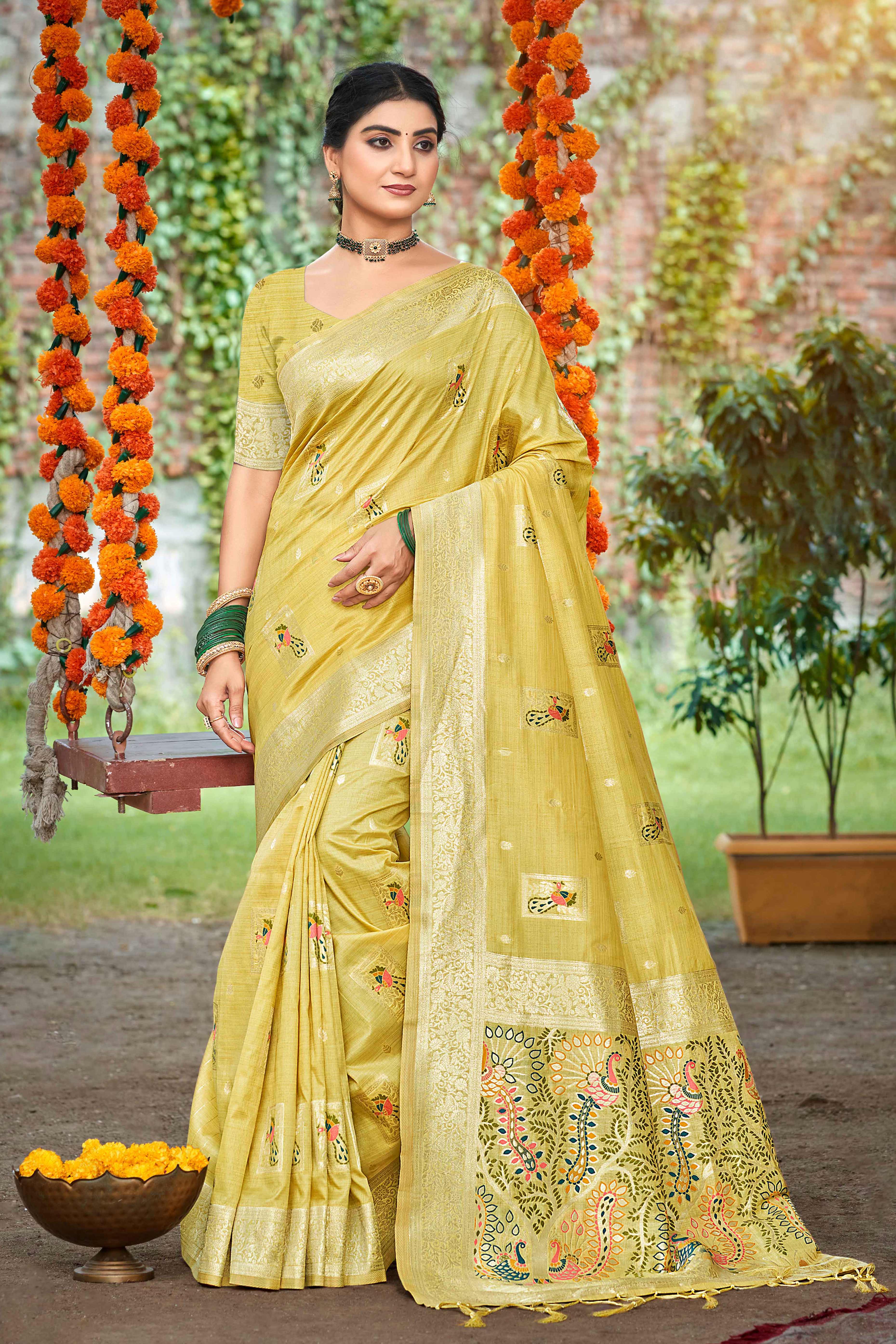 Yellow Floral & Peacock Motif Zari Woven Assam Silk Blend Saree With Graceful Tassel Pallu