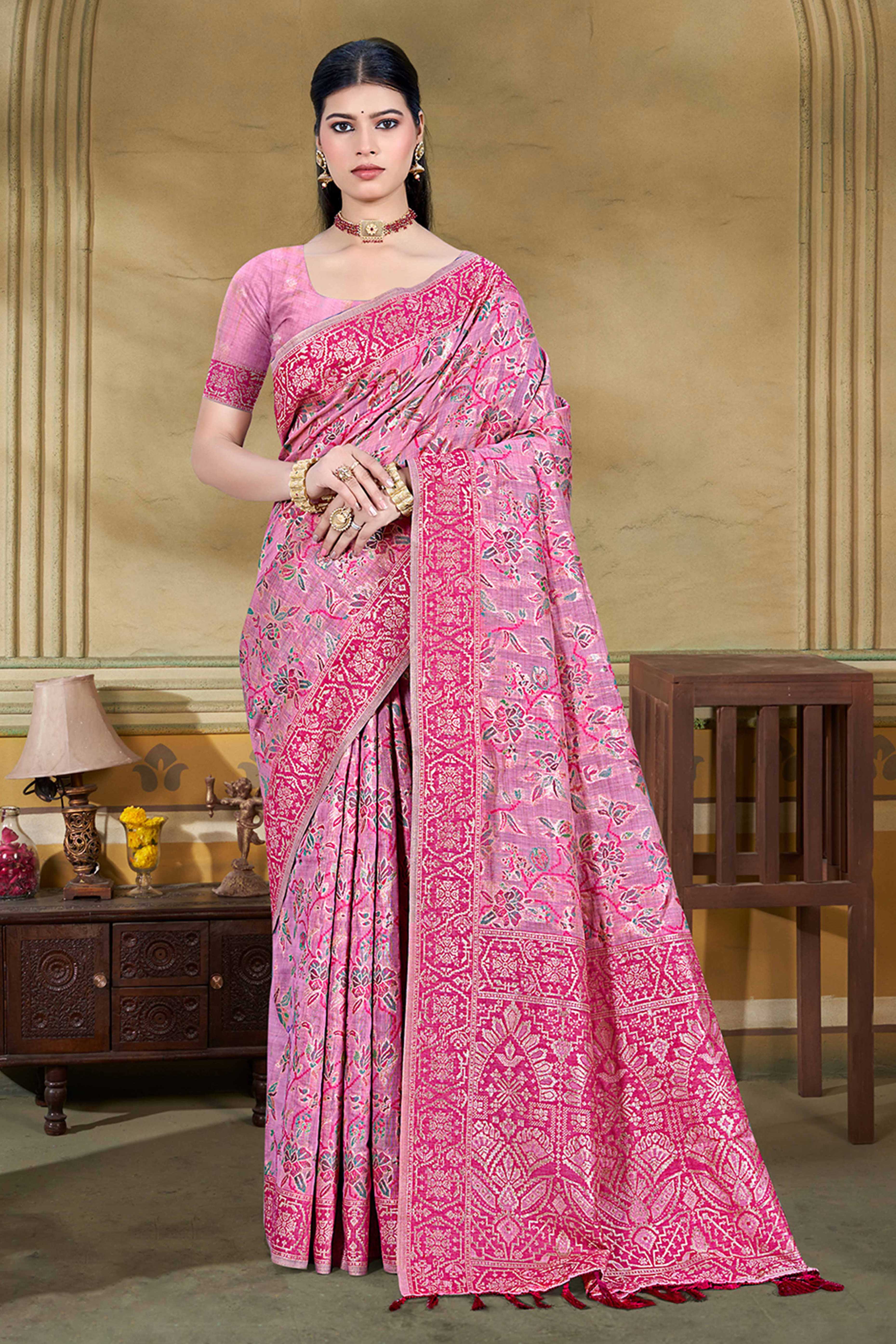 Alluring Pink Floral Zari Weaving Cotton Silk Saree With Graceful Tassel Pallu