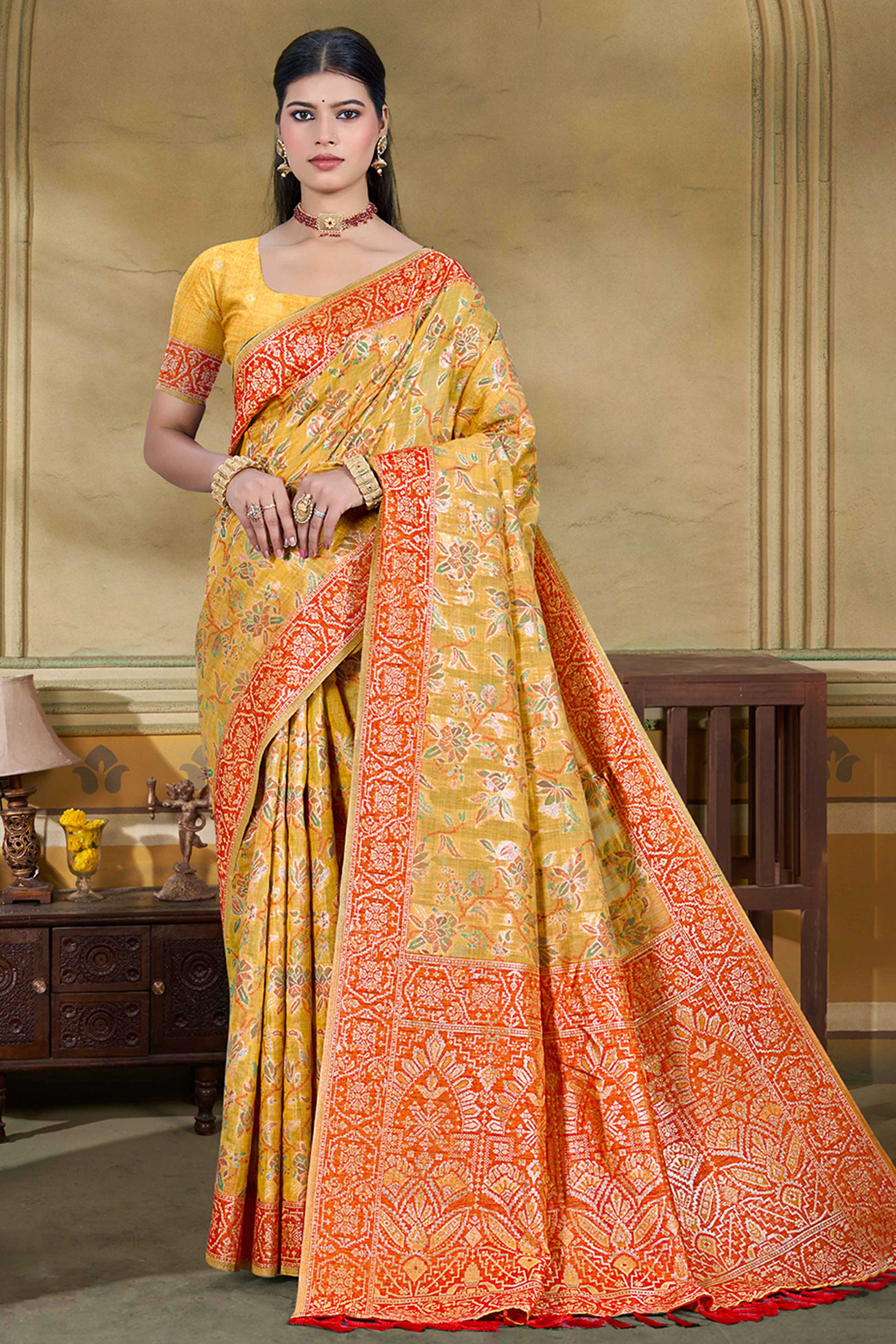 Alluring Mustard Floral Zari Weaving Cotton Silk Saree With Graceful Tassel Pallu