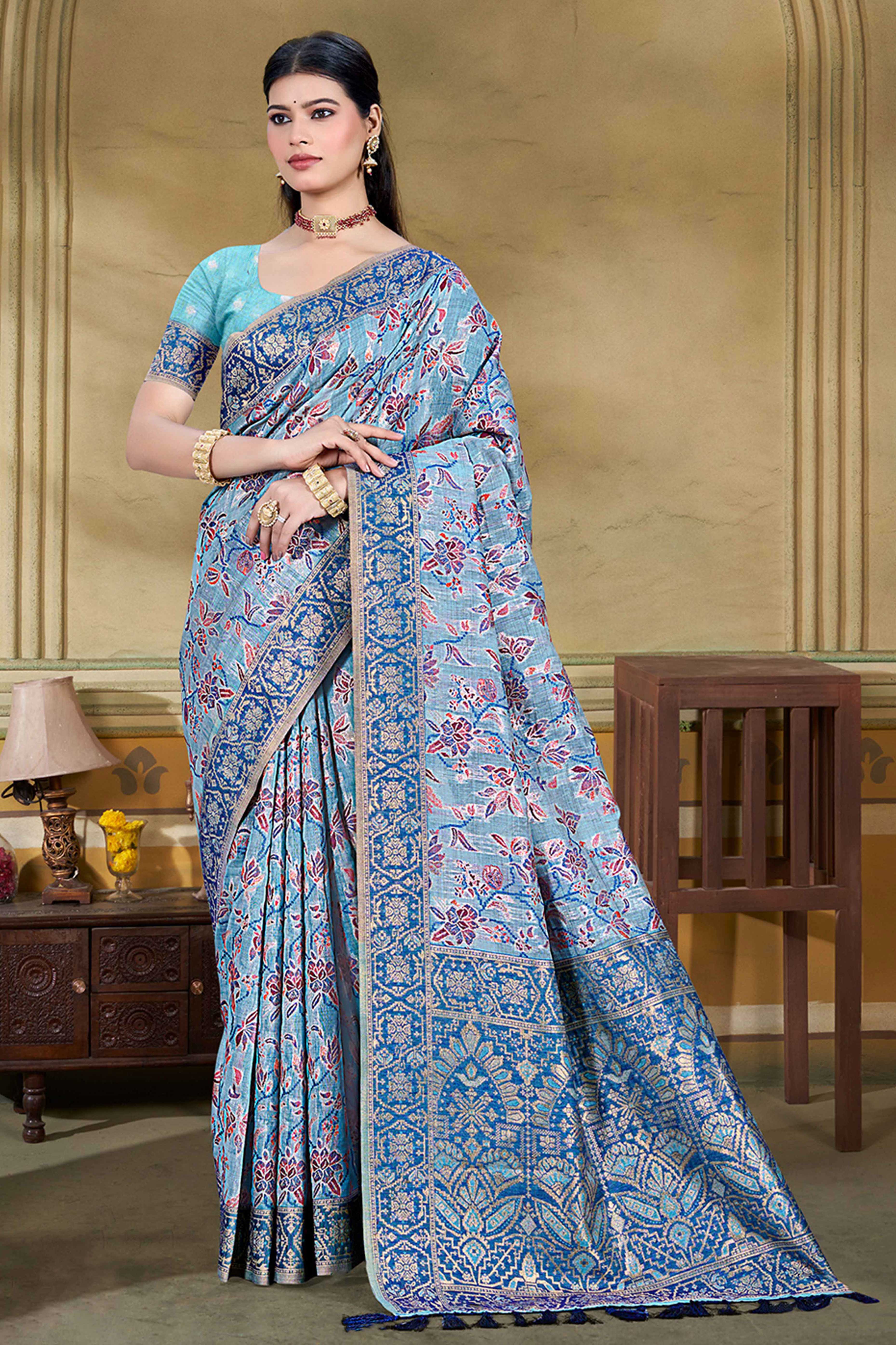 Alluring Blue Floral Zari Weaving Cotton Silk Saree With Graceful Tassel Pallu