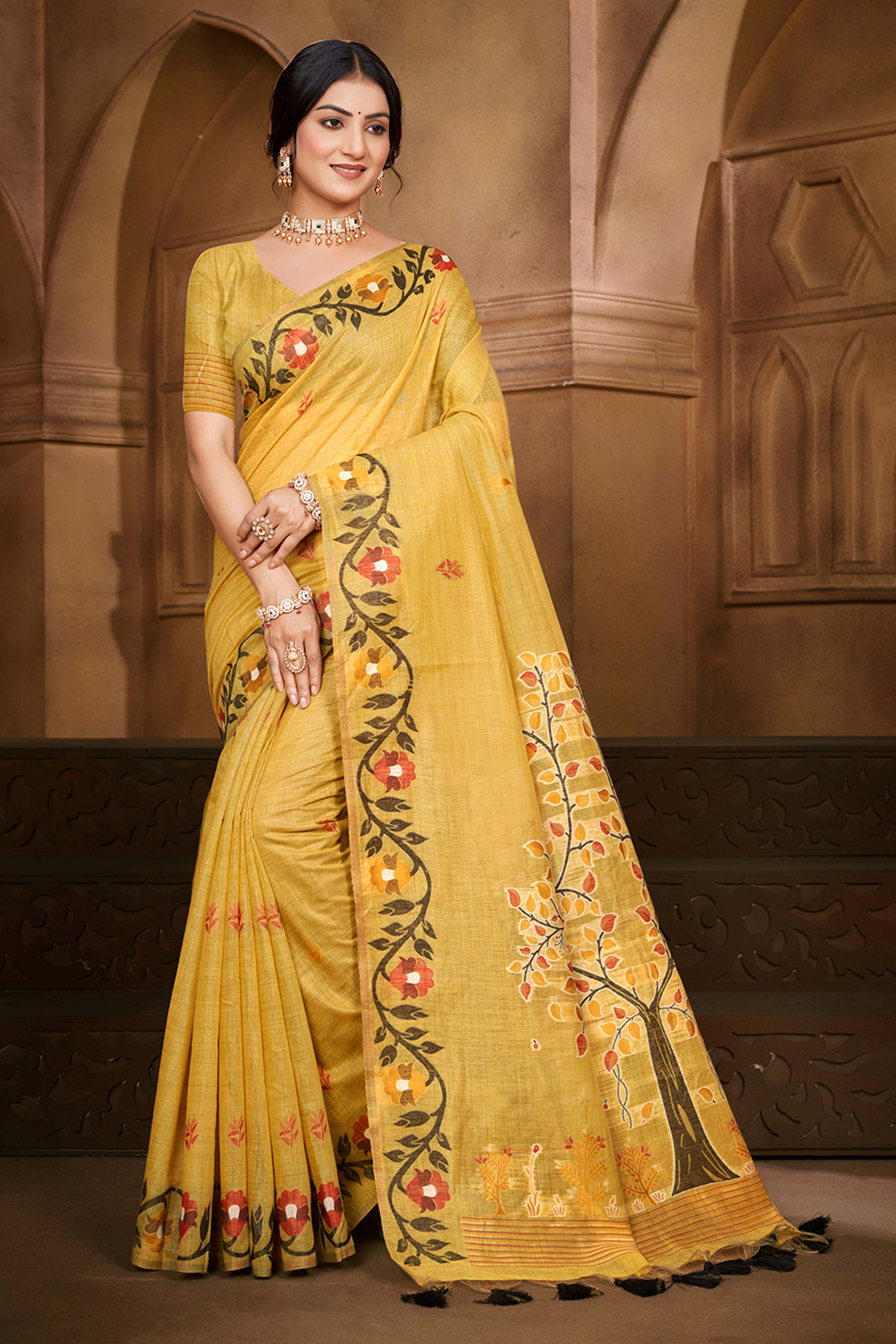 Charming Mustard Floral Weaving Cotton Silk Saree Enhanced With Tree Motif Pallu With Tassel
