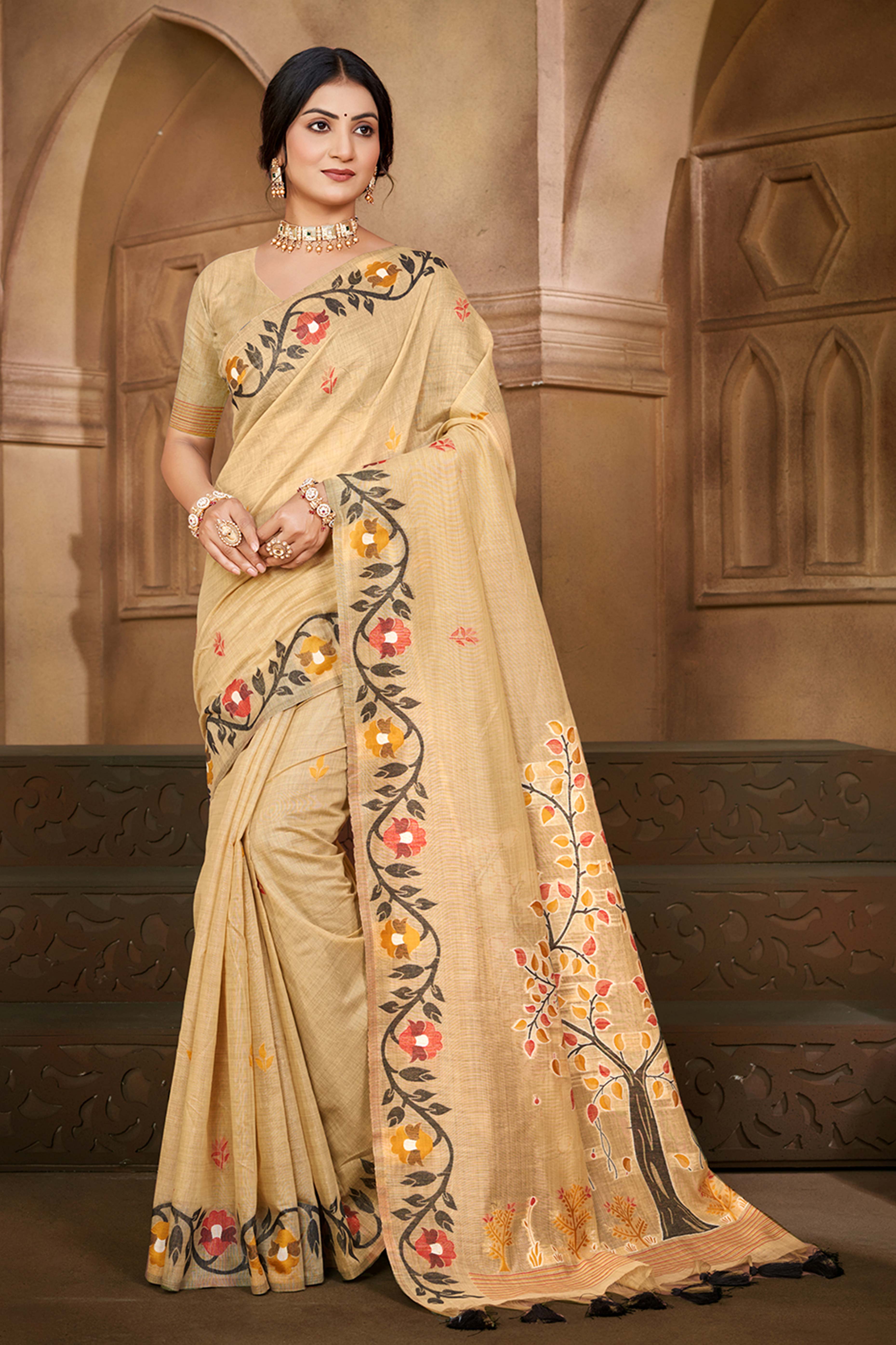 Charming Chikoo Floral Weaving Cotton Silk Saree Enhanced With Tree Motif Pallu With Tassel