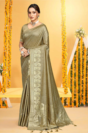 Classic Light Mehendi Green Floral & Paisley Design Weaving Assam Silk Blend Saree With Tassel Pallu