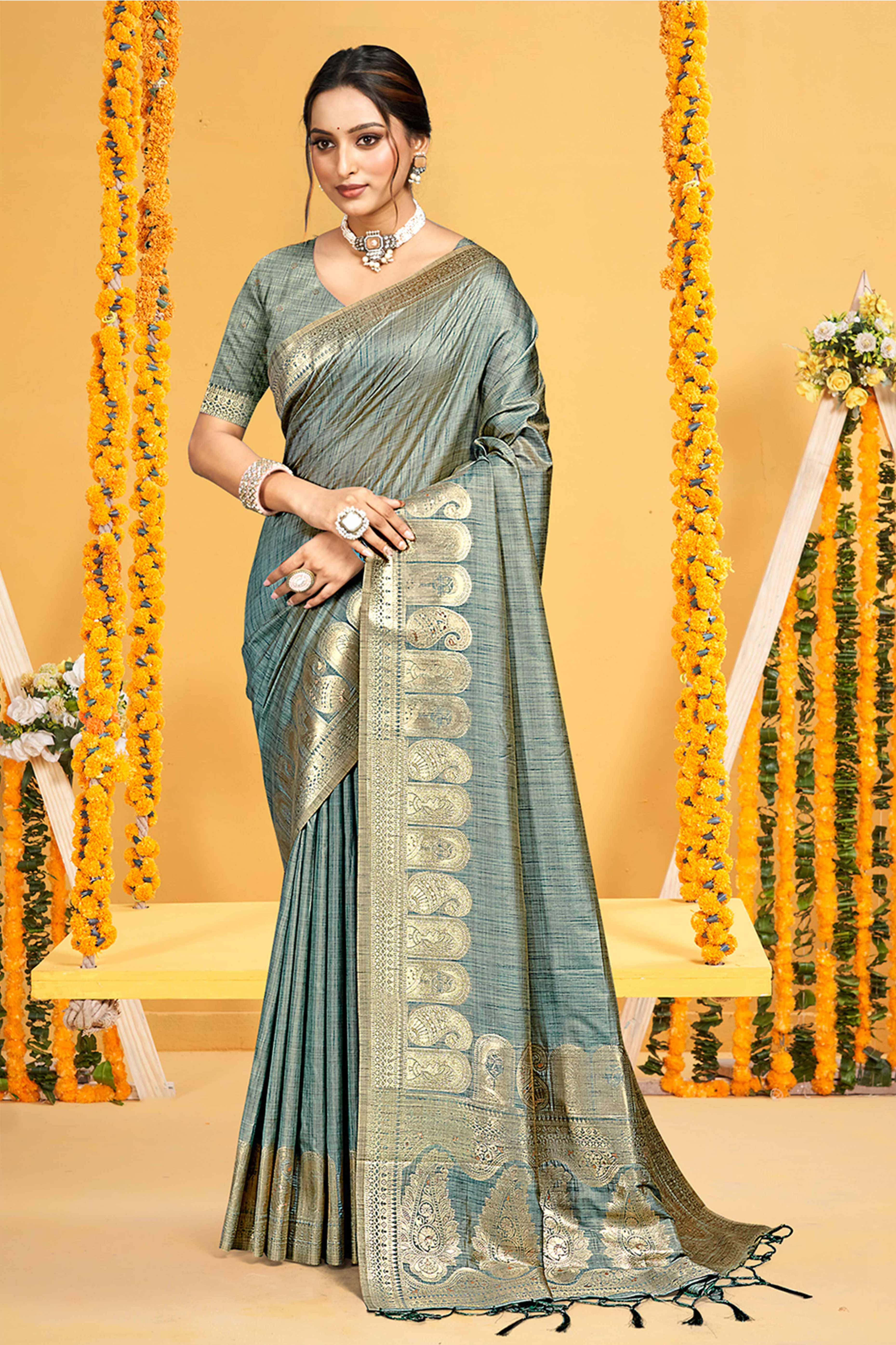 Classic Teal Floral & Paisley Design Weaving Assam Silk Blend Saree With Tassel Pallu
