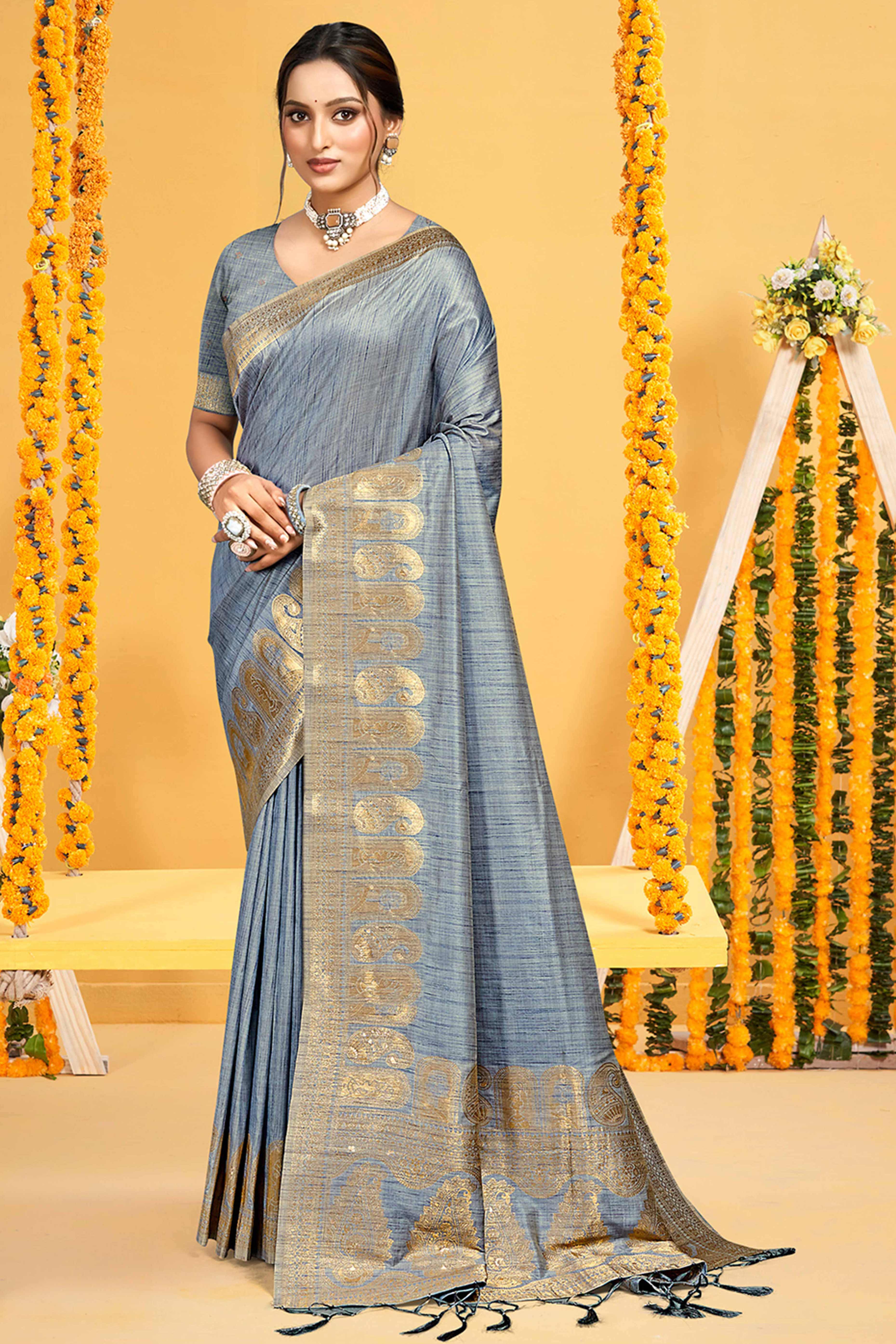 Classic Grey Floral & Paisley Design Weaving Assam Silk Blend Saree With Tassel Pallu